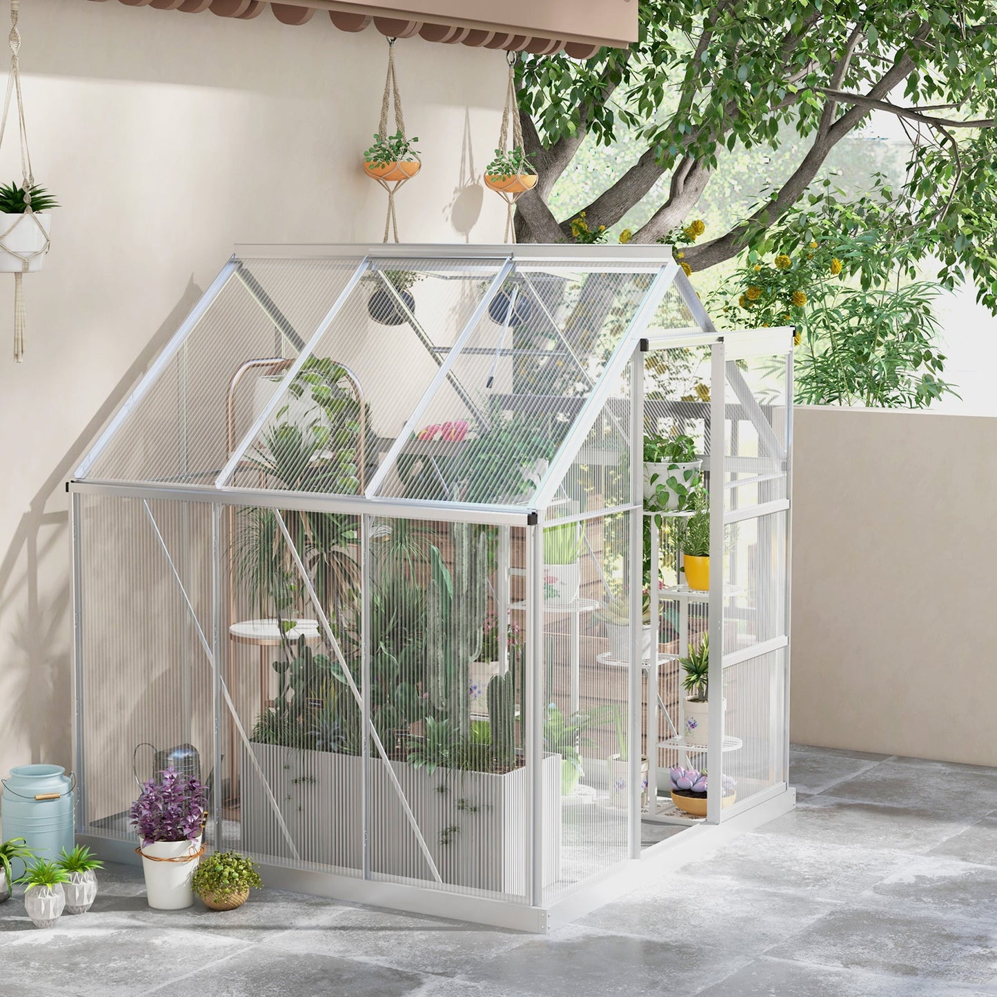 6' x 6' Polycarbonate Greenhouse, Walk-In Greenhouse with Sliding Door, Adjustable Vent, Aluminium Frame and Foundation Kit, Garden Grow House with Rain Gutter, Silver