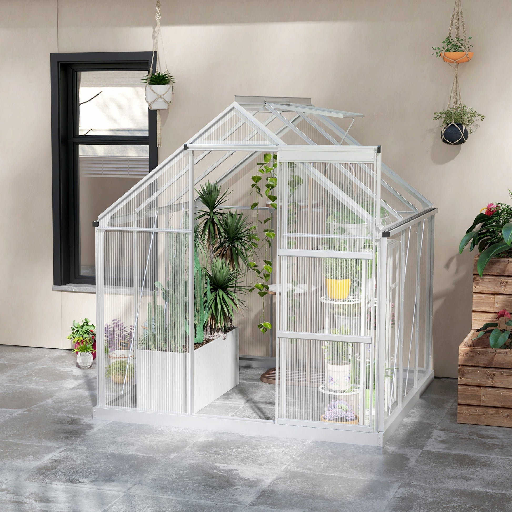 6' x 6' Polycarbonate Greenhouse, Walk-In Greenhouse with Sliding Door, Adjustable Vent, Aluminium Frame and Foundation Kit, Garden Grow House with Rain Gutter, Silver