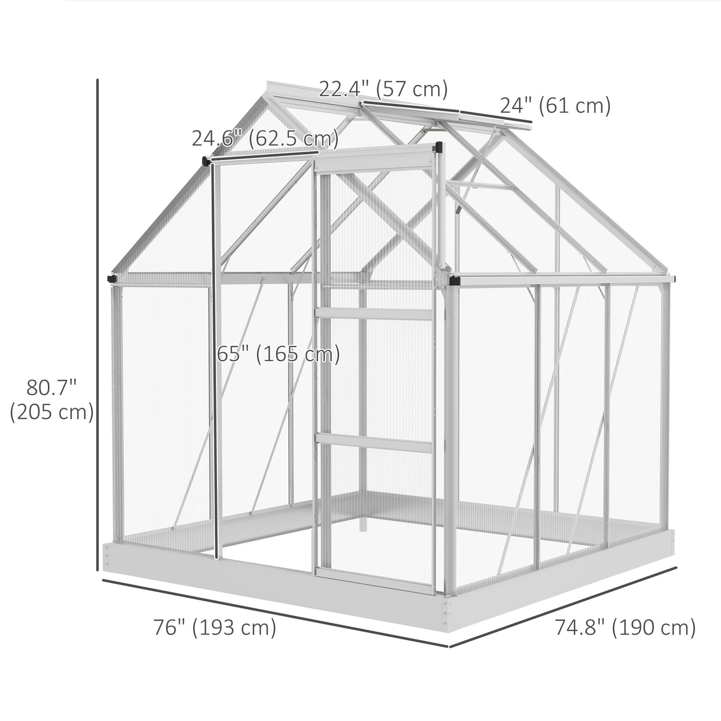6' x 6' Polycarbonate Greenhouse, Walk-In Greenhouse with Sliding Door, Adjustable Vent, Aluminium Frame and Foundation Kit, Garden Grow House with Rain Gutter, Silver