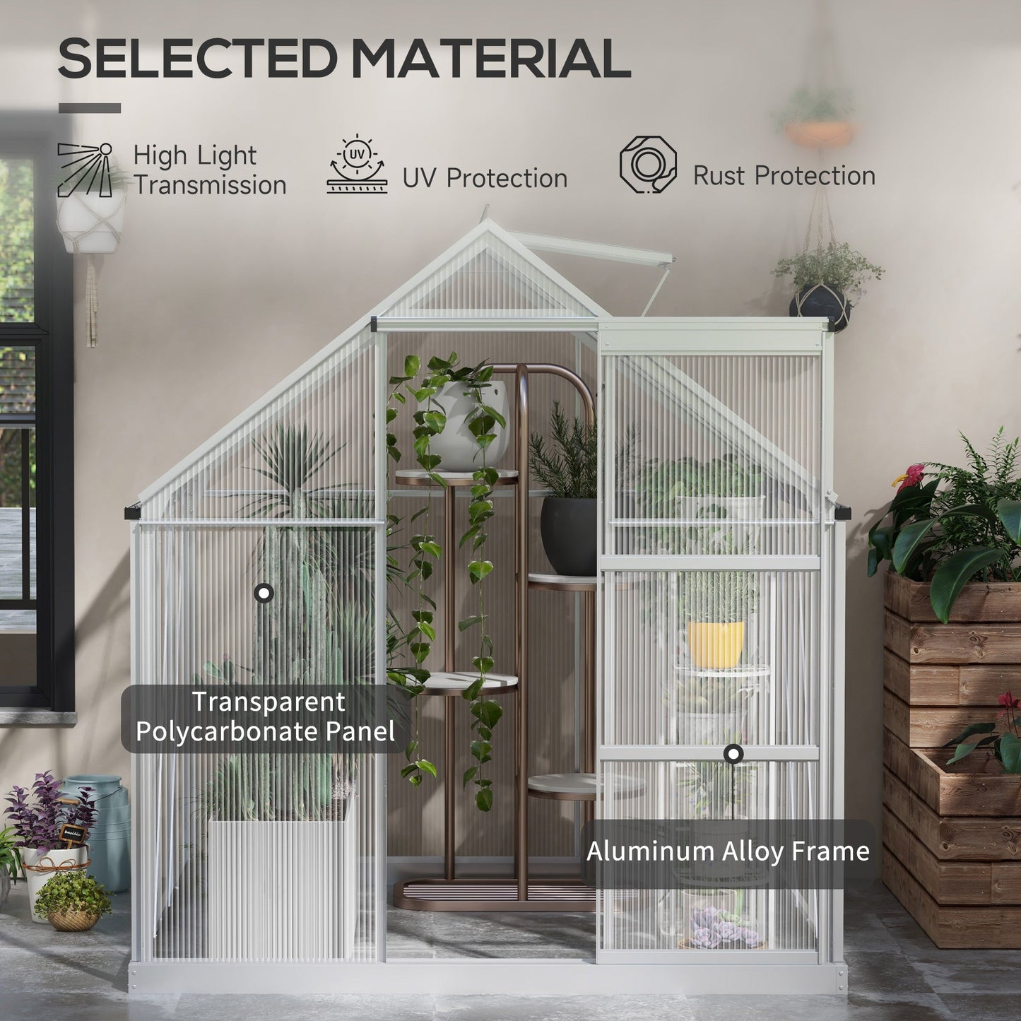 6' x 6' Polycarbonate Greenhouse, Walk-In Greenhouse with Sliding Door, Adjustable Vent, Aluminium Frame and Foundation Kit, Garden Grow House with Rain Gutter, Silver