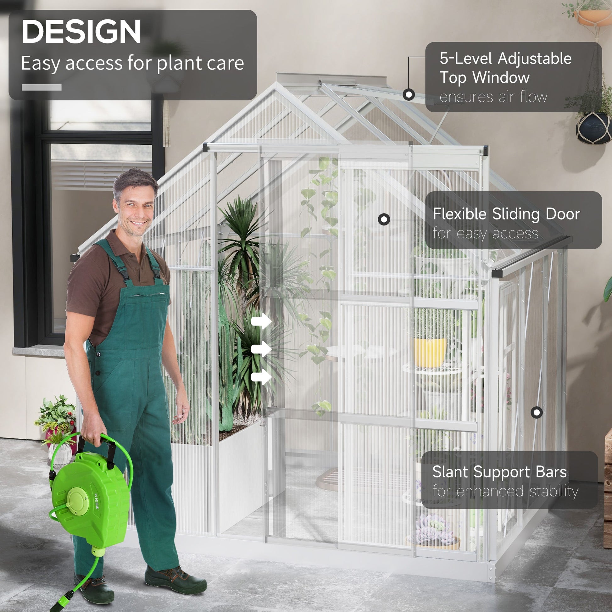 6' x 6' Polycarbonate Greenhouse, Walk-In Greenhouse with Sliding Door, Adjustable Vent, Aluminium Frame and Foundation Kit, Garden Grow House with Rain Gutter, Silver