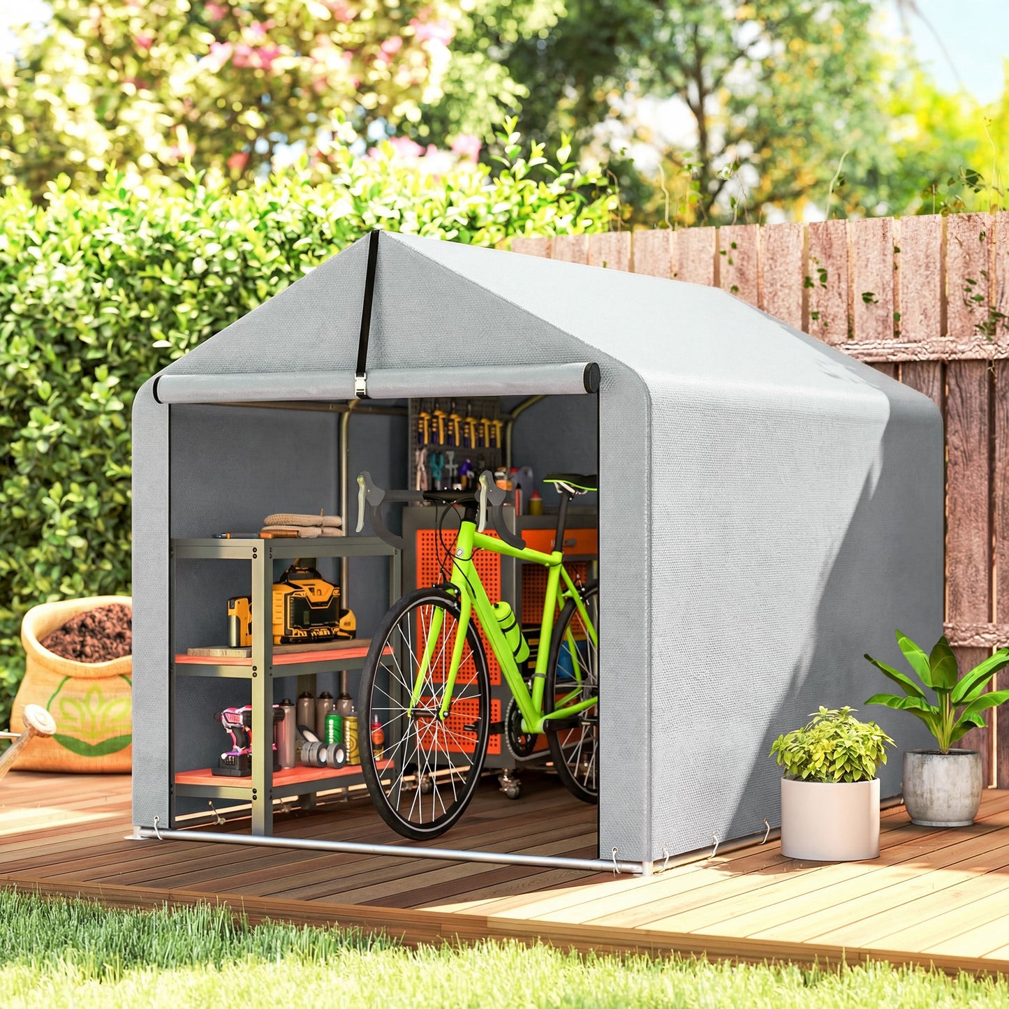 7' x 5' Portable Shed, Waterproof Bike Tent with Roll-up Zipper Door and Galvanized Steel Frame, Outdoor Storage Shed for Bike, Firewood, Garden Tools, Light Grey