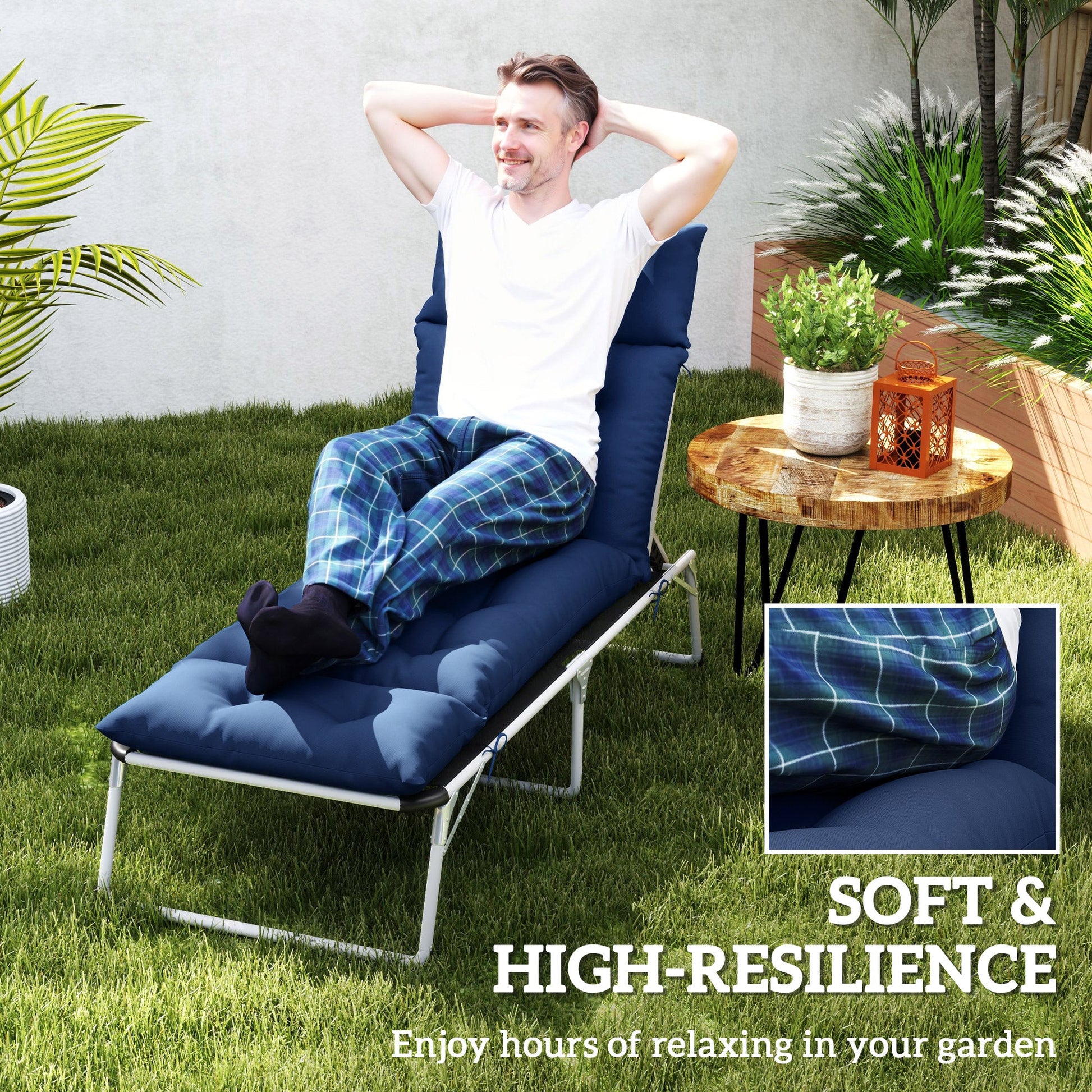 Patio Lounge Chair Cushion, Tufted Thick Outdoor Chaise Lounge Cushion with Ties, Lounge Chair Pad Replacement for Lawn Pool Deck, 74.8" x 22" x 4", Navy Blue