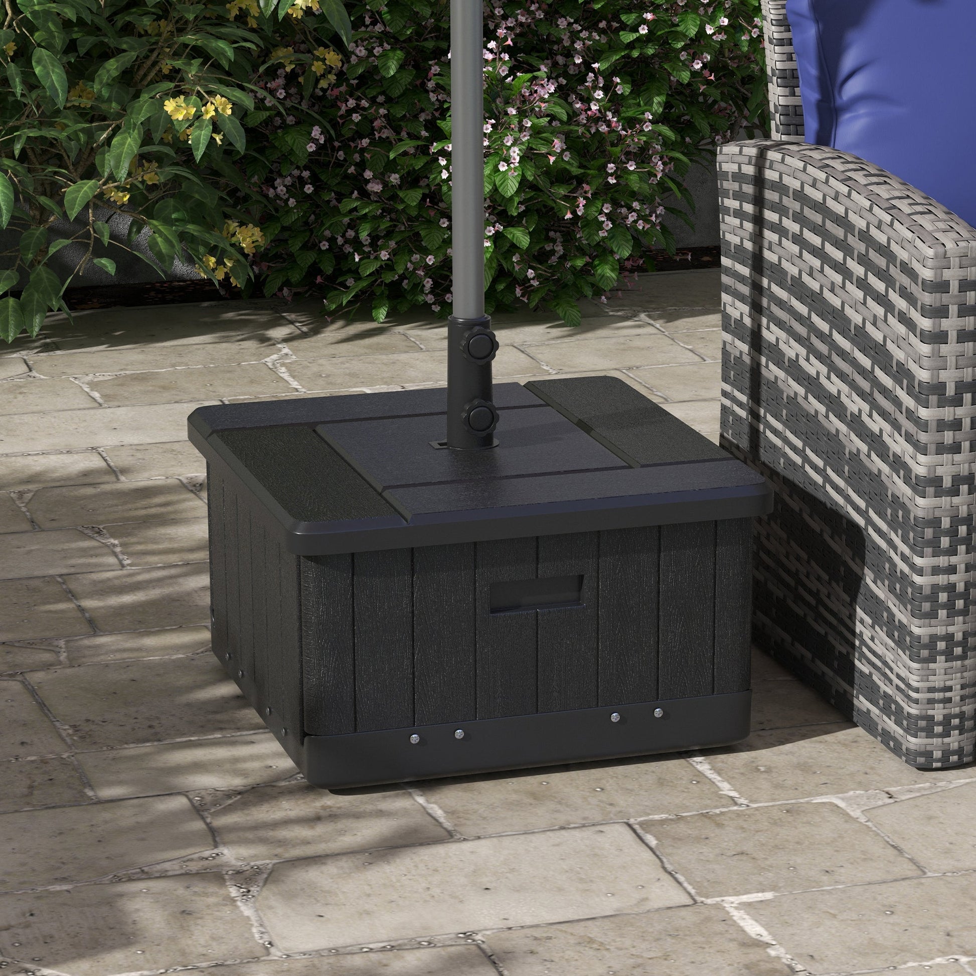 3-in-1 Outdoor Umbrella Base, Coffee End Table, Flower Box Planter with Drain Hole, Fillable Patio Umbrella Stand Table with Wheels and Handles, Black