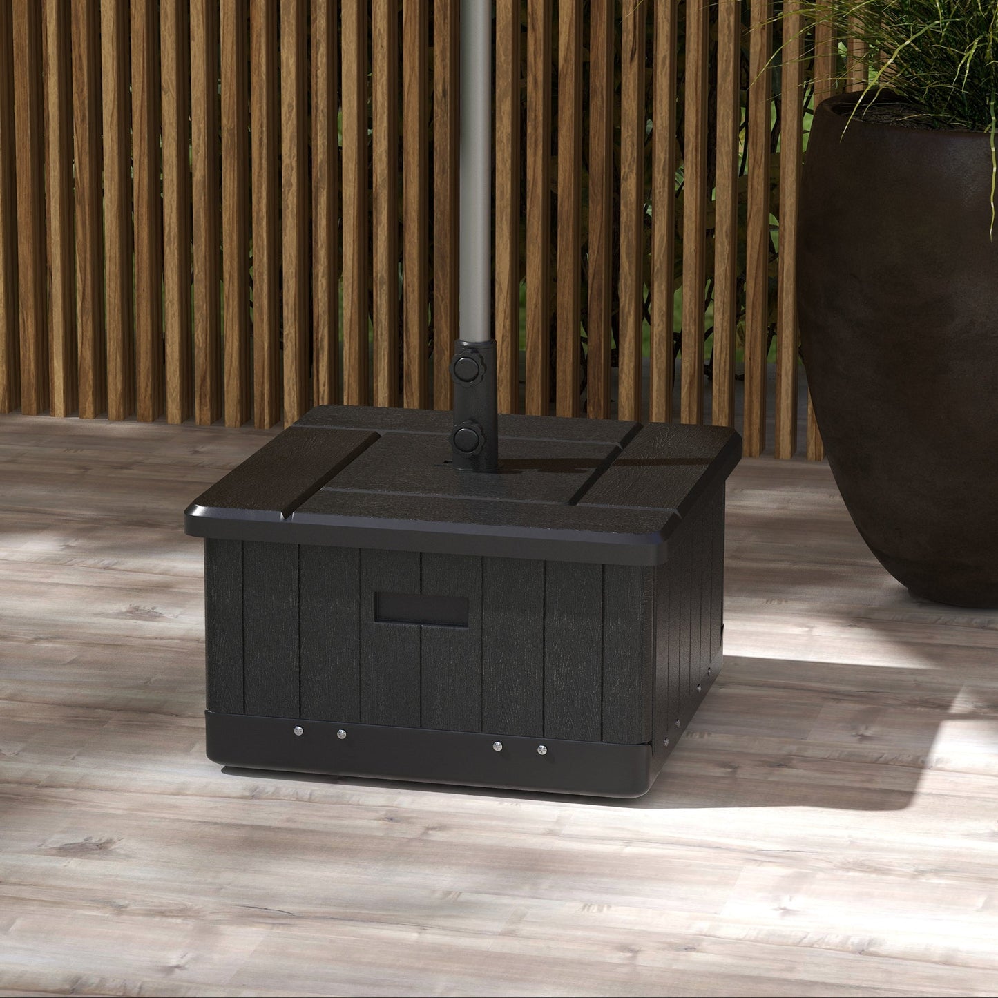 3-in-1 Outdoor Umbrella Base, Coffee End Table, Flower Box Planter with Drain Hole, Fillable Patio Umbrella Stand Table with Wheels and Handles, Black