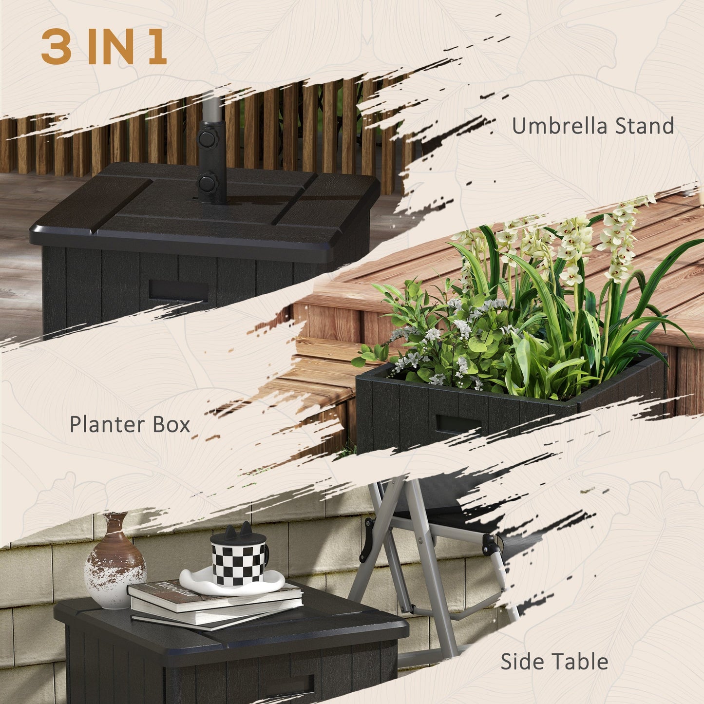 3-in-1 Outdoor Umbrella Base, Coffee End Table, Flower Box Planter with Drain Hole, Fillable Patio Umbrella Stand Table with Wheels and Handles, Black