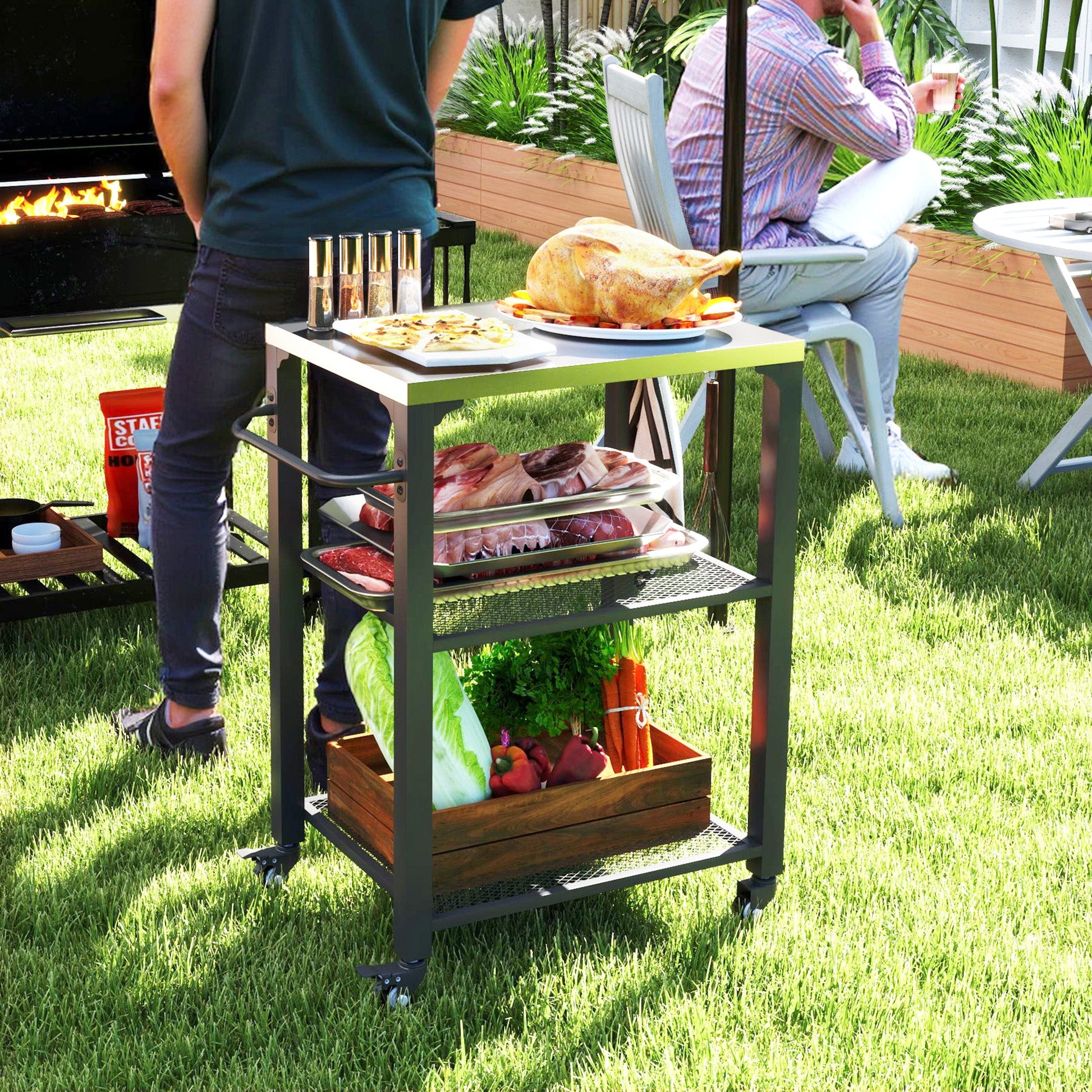 3-Shelf Outdoor Grill Dining Cart with Stainless Steel Tabletop, Pizza Oven Stand with 3 Hooks, Side Handle, BBQ Movable Food Prep Table with 4 Wheels for Backyard Party