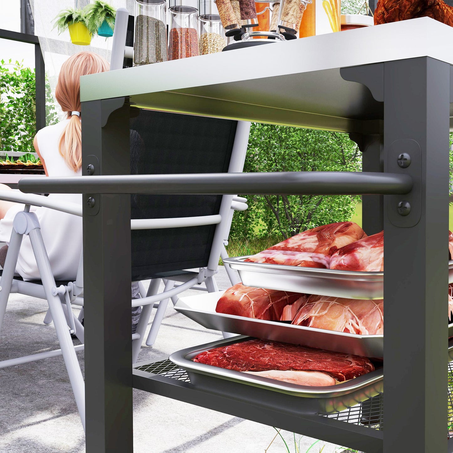 3-Shelf Outdoor Grill Dining Cart with Stainless Steel Tabletop, Pizza Oven Stand with 3 Hooks, Side Handle, BBQ Movable Food Prep Table with 4 Wheels for Backyard Party