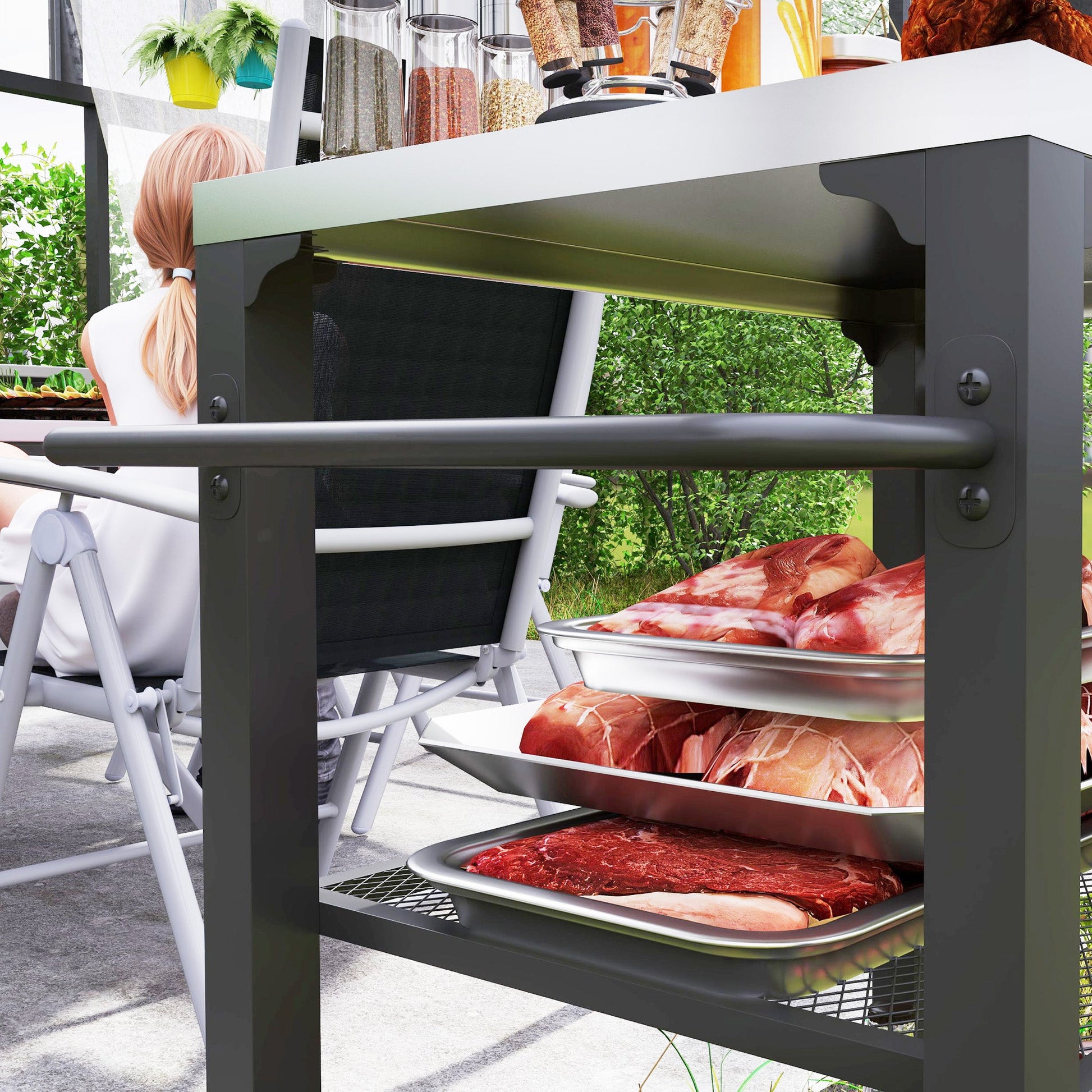 3-Shelf Outdoor Grill Dining Cart with Stainless Steel Tabletop, Pizza Oven Stand with 3 Hooks, Side Handle, BBQ Movable Food Prep Table with 4 Wheels for Backyard Party