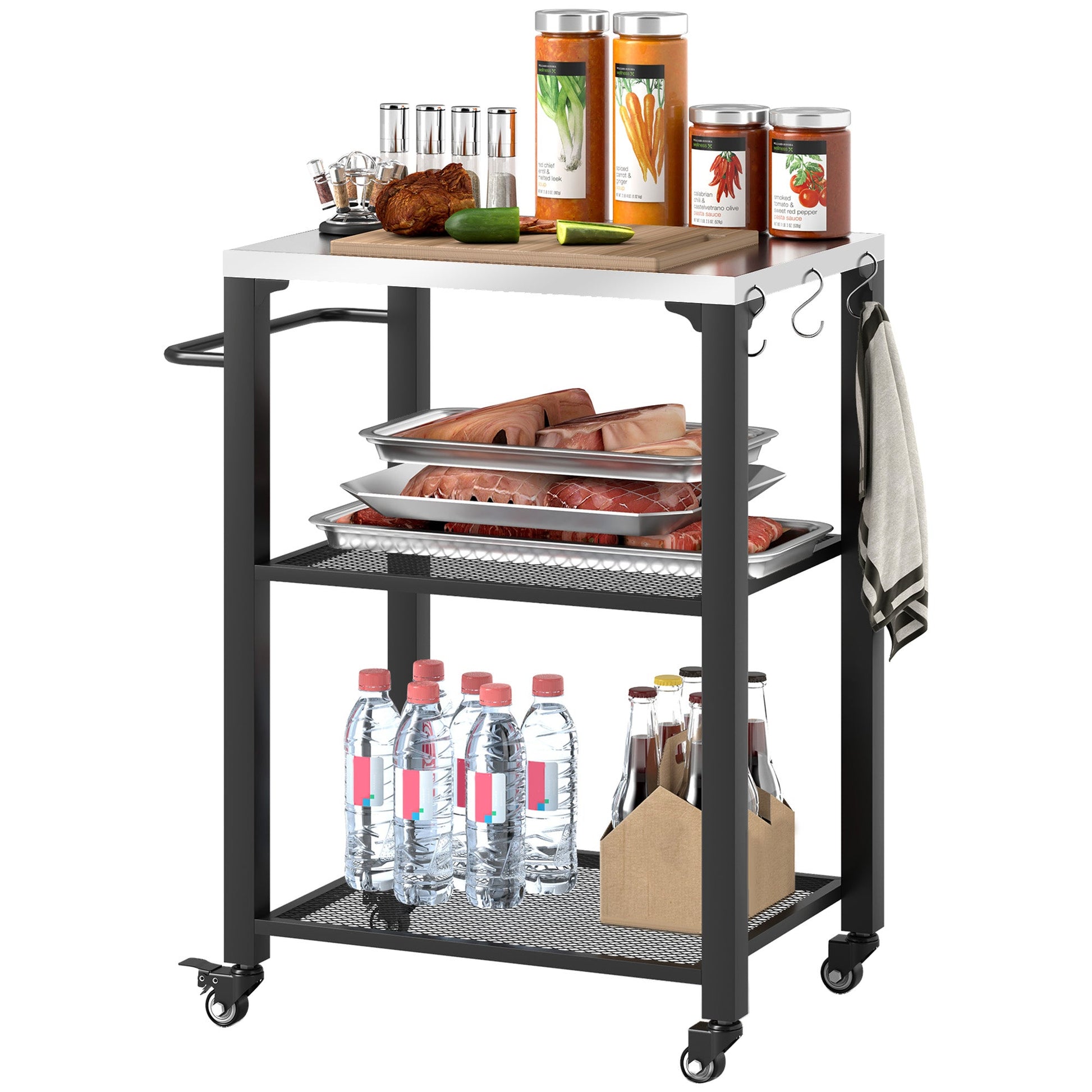 3-Shelf Outdoor Grill Dining Cart with Stainless Steel Tabletop, Pizza Oven Stand with 3 Hooks, Side Handle, BBQ Movable Food Prep Table with 4 Wheels for Backyard Party