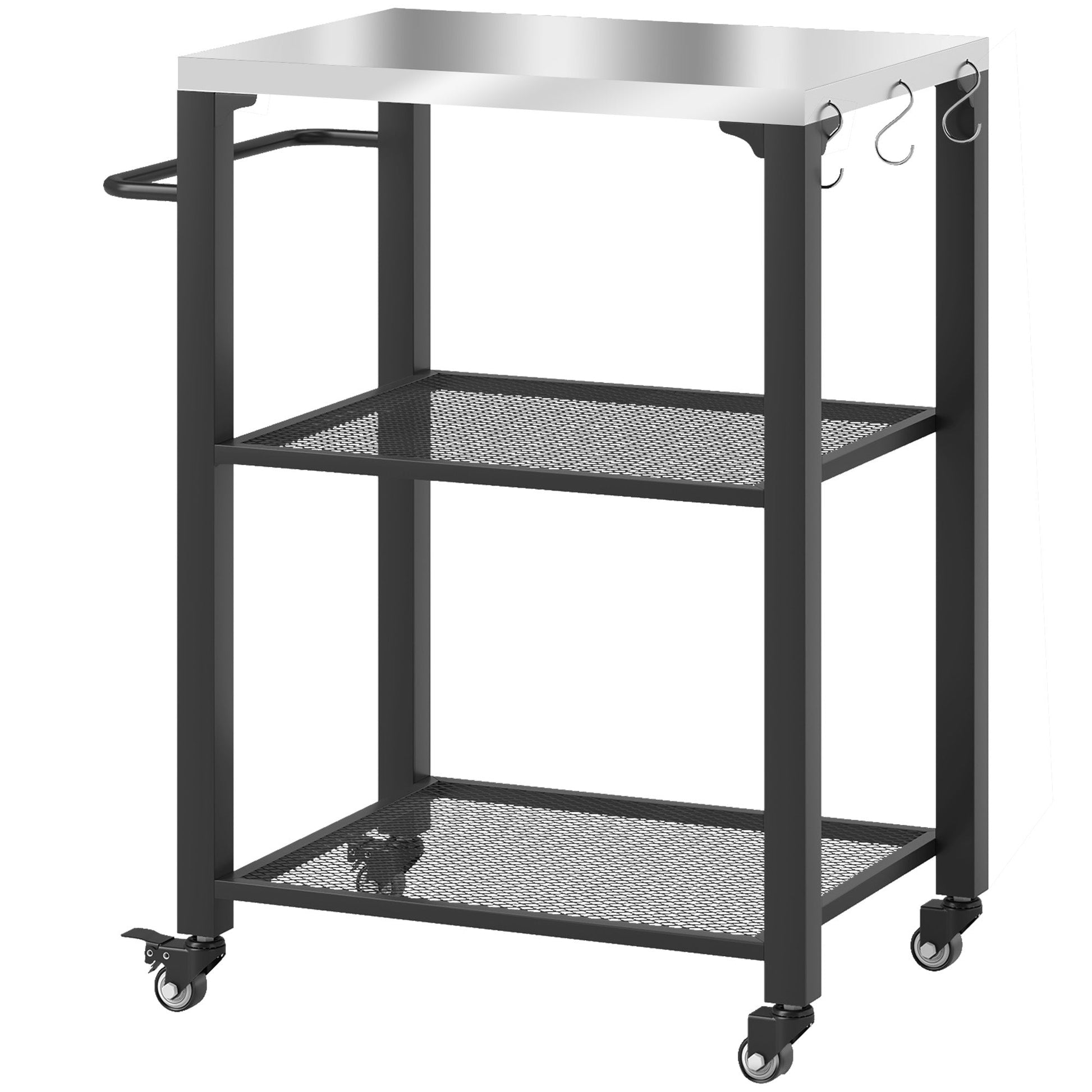 3-Shelf Outdoor Grill Dining Cart with Stainless Steel Tabletop, Pizza Oven Stand with 3 Hooks, Side Handle, BBQ Movable Food Prep Table with 4 Wheels for Backyard Party