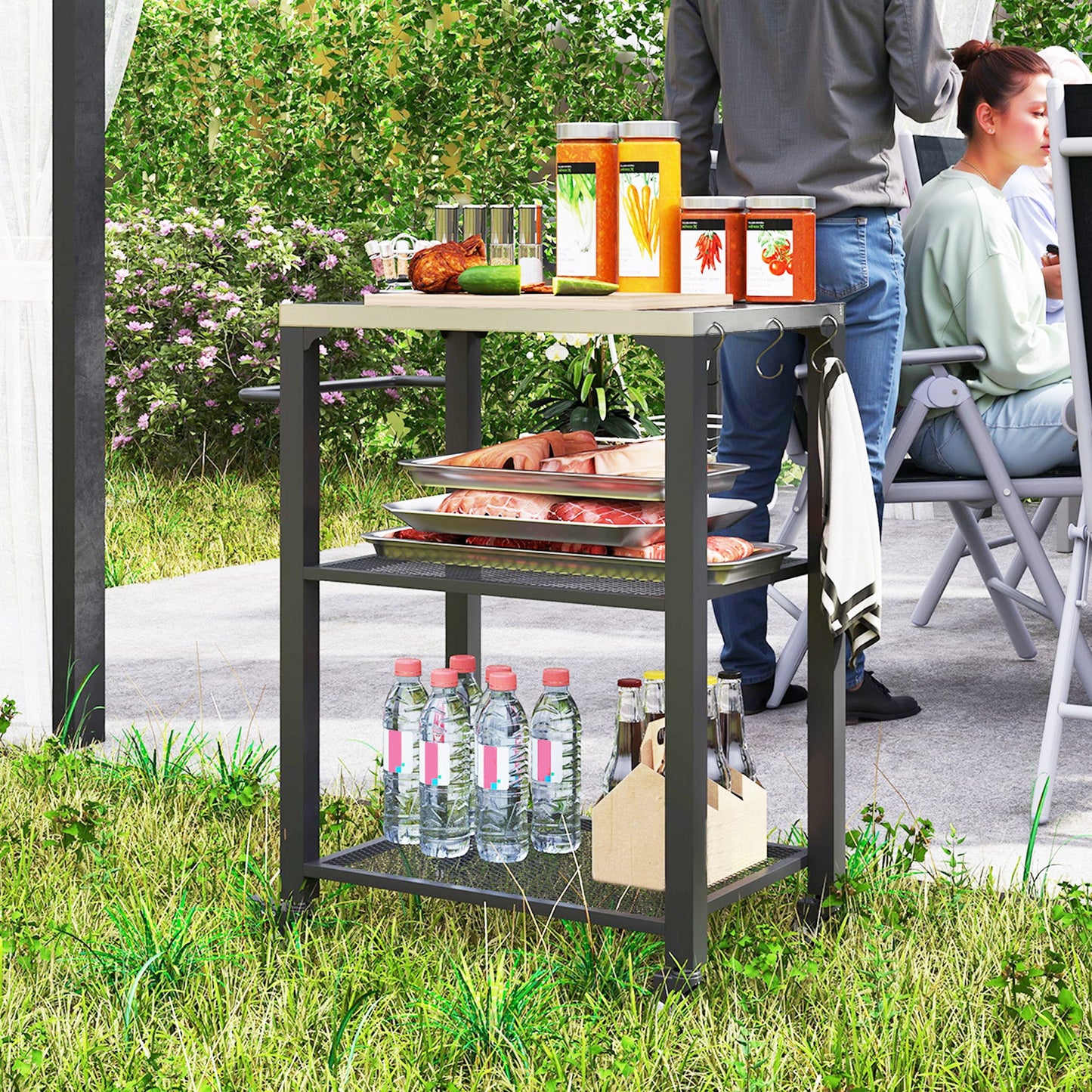 3-Shelf Outdoor Grill Dining Cart with Stainless Steel Tabletop, Pizza Oven Stand with 3 Hooks, Side Handle, BBQ Movable Food Prep Table with 4 Wheels for Backyard Party