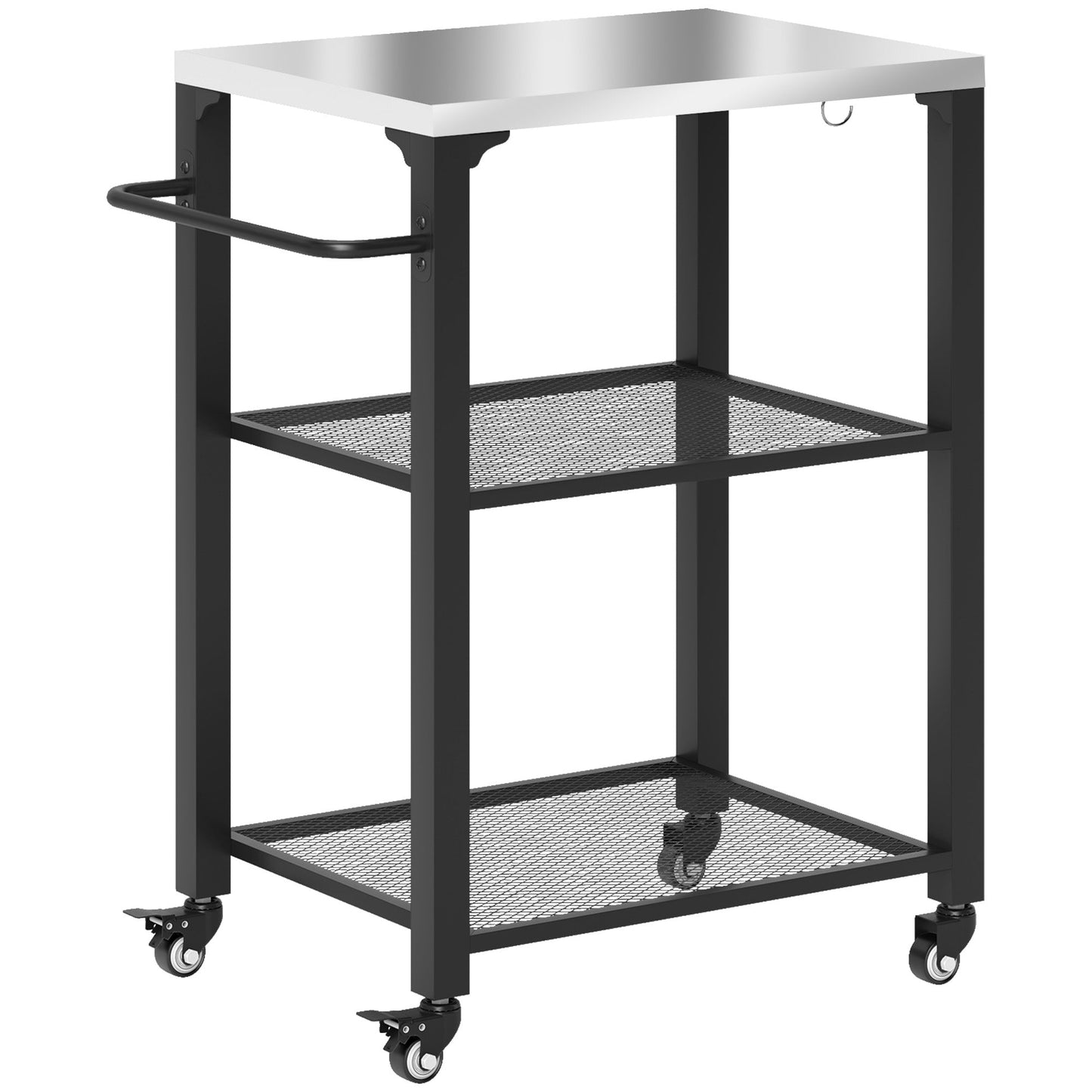 3-Shelf Outdoor Grill Dining Cart with Stainless Steel Tabletop, Pizza Oven Stand with 3 Hooks, Side Handle, BBQ Movable Food Prep Table with 4 Wheels for Backyard Party