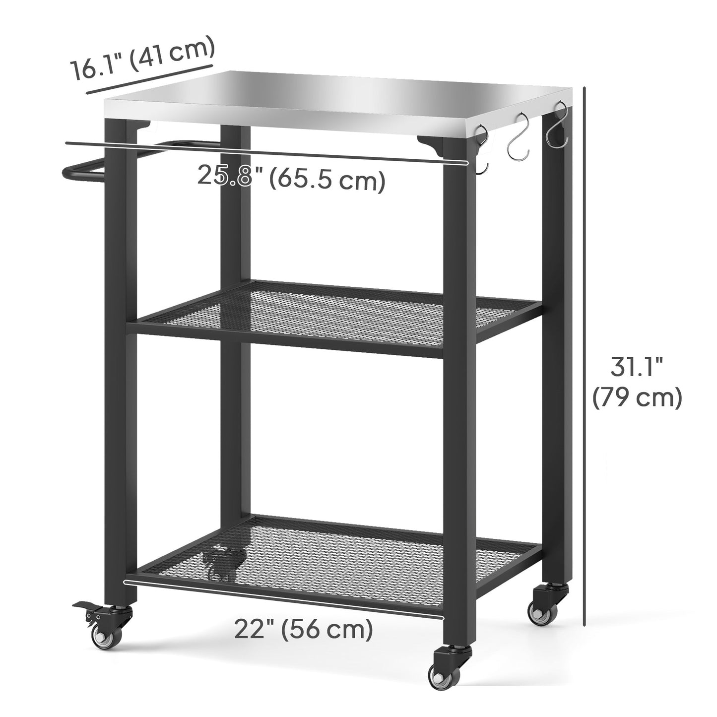 3-Shelf Outdoor Grill Dining Cart with Stainless Steel Tabletop, Pizza Oven Stand with 3 Hooks, Side Handle, BBQ Movable Food Prep Table with 4 Wheels for Backyard Party