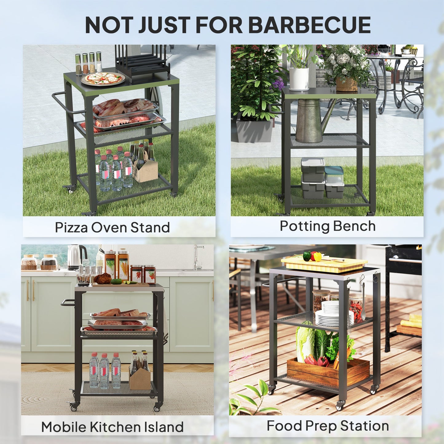 3-Shelf Outdoor Grill Dining Cart with Stainless Steel Tabletop, Pizza Oven Stand with 3 Hooks, Side Handle, BBQ Movable Food Prep Table with 4 Wheels for Backyard Party