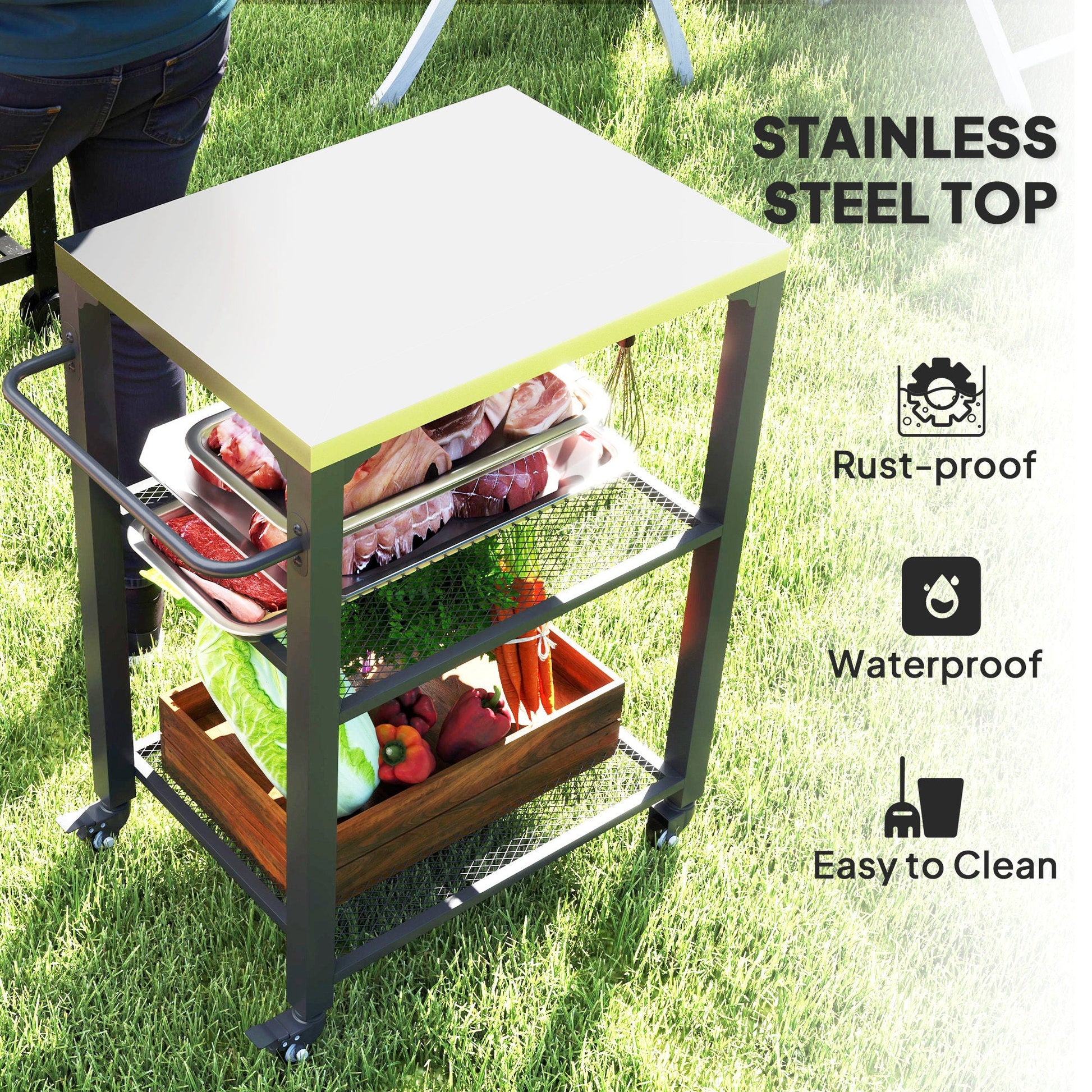 3-Shelf Outdoor Grill Dining Cart with Stainless Steel Tabletop, Pizza Oven Stand with 3 Hooks, Side Handle, BBQ Movable Food Prep Table with 4 Wheels for Backyard Party