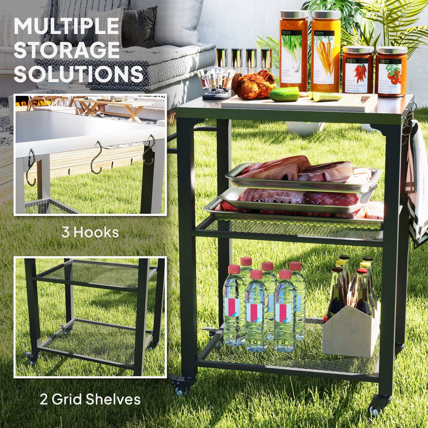 3-Shelf Outdoor Grill Dining Cart with Stainless Steel Tabletop, Pizza Oven Stand with 3 Hooks, Side Handle, BBQ Movable Food Prep Table with 4 Wheels for Backyard Party