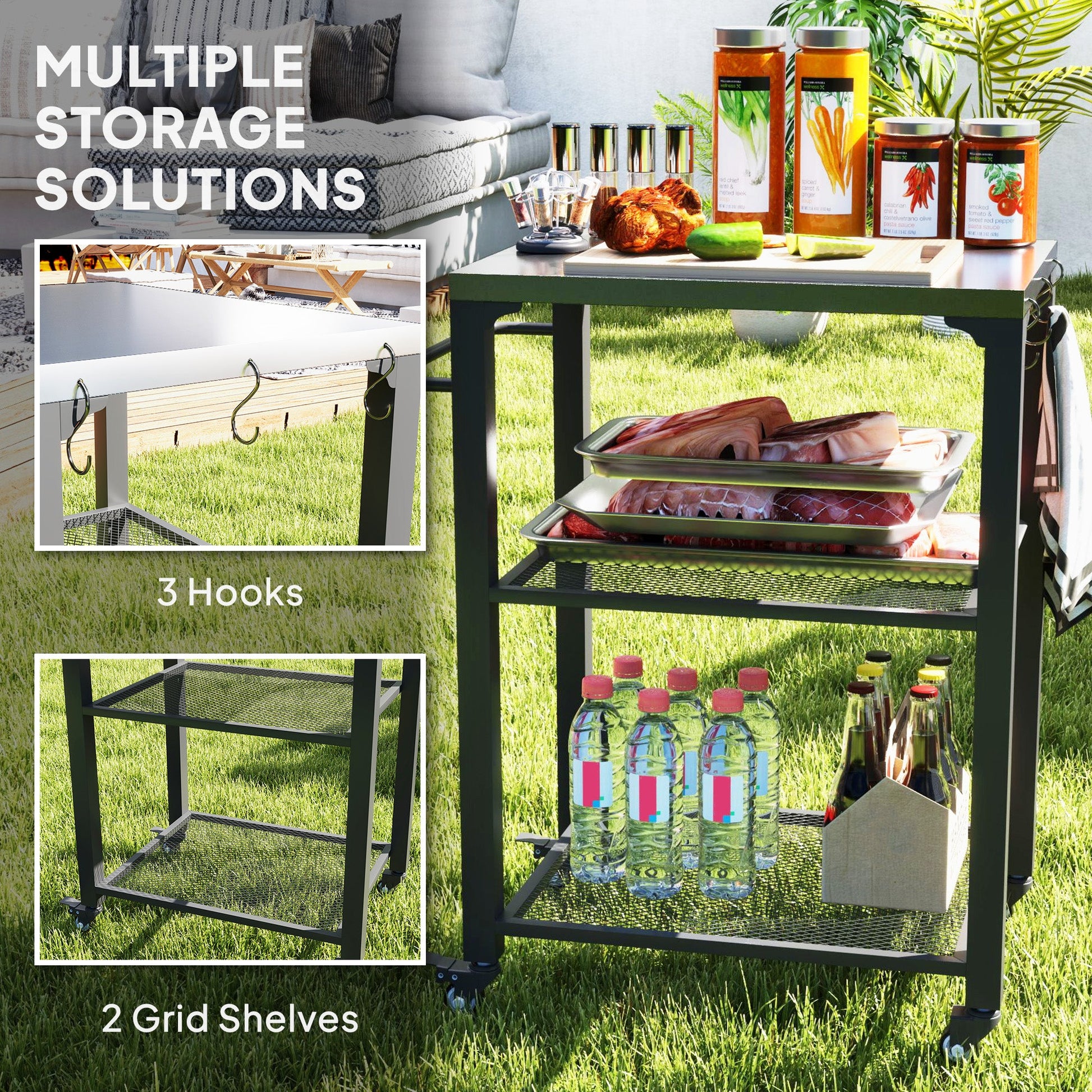 3-Shelf Outdoor Grill Dining Cart with Stainless Steel Tabletop, Pizza Oven Stand with 3 Hooks, Side Handle, BBQ Movable Food Prep Table with 4 Wheels for Backyard Party