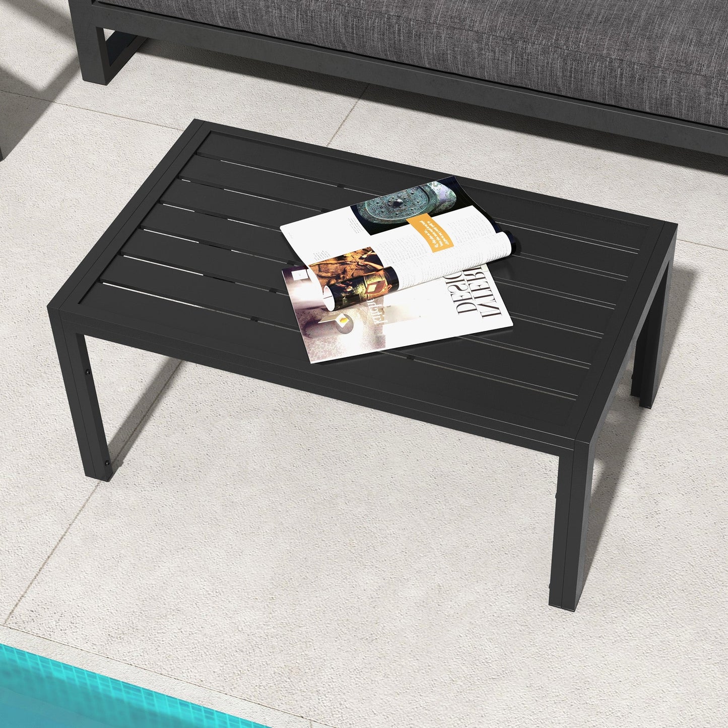 Patio Coffee Table, Rectangle Outdoor Side Table with Steel Frame and Slat Tabletop for Garden, Balcony, Backyard, Porch, Black