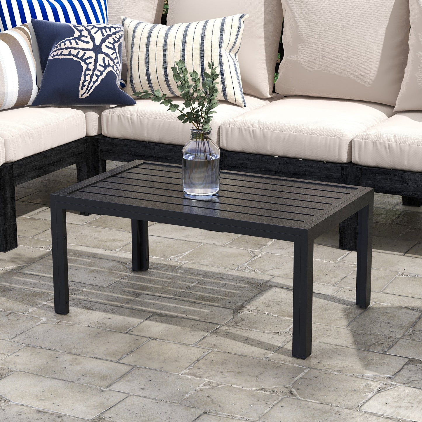 Patio Coffee Table, Rectangle Outdoor Side Table with Steel Frame and Slat Tabletop for Garden, Balcony, Backyard, Porch, Black