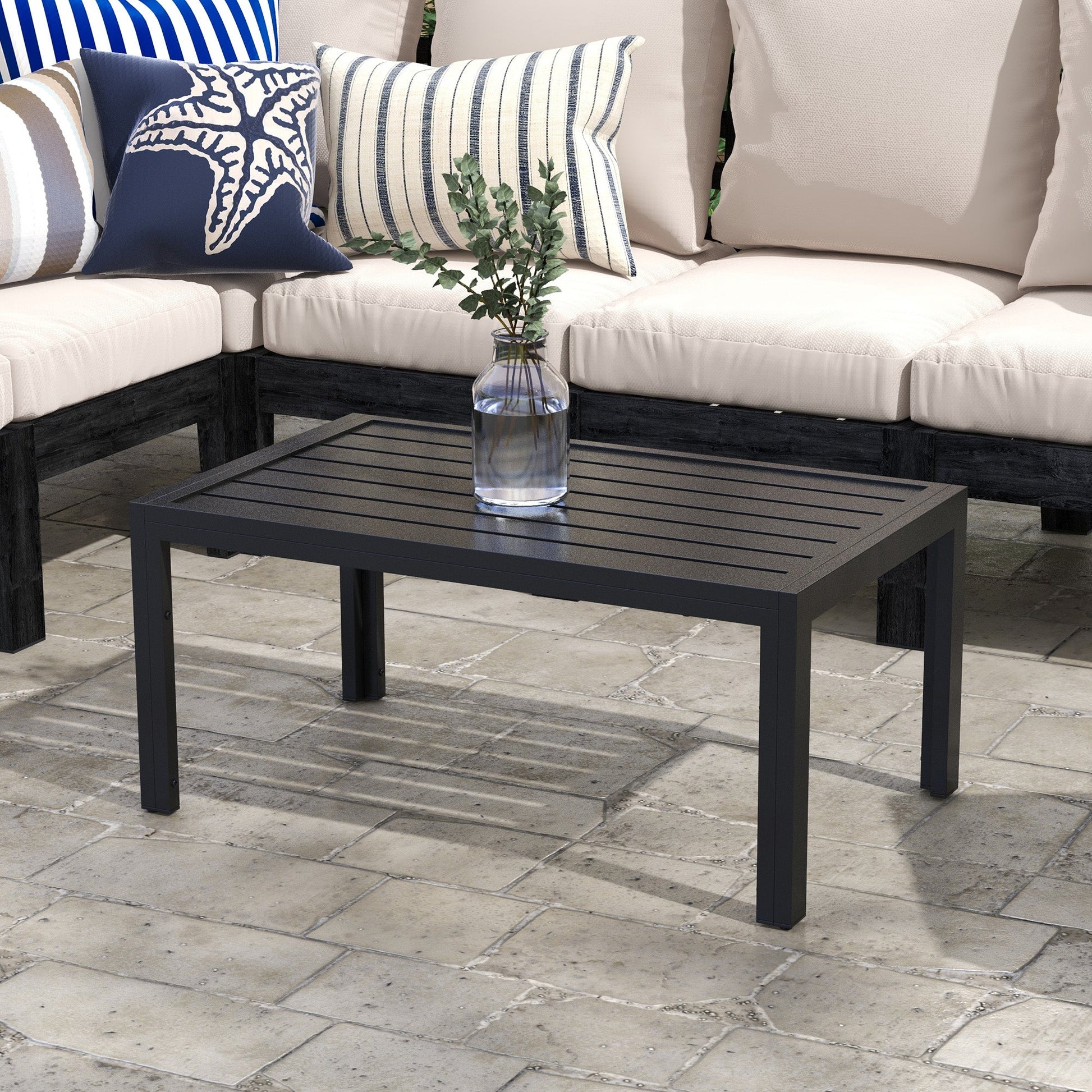 Patio Coffee Table, Rectangle Outdoor Side Table with Steel Frame and Slat Tabletop for Garden, Balcony, Backyard, Porch, Black