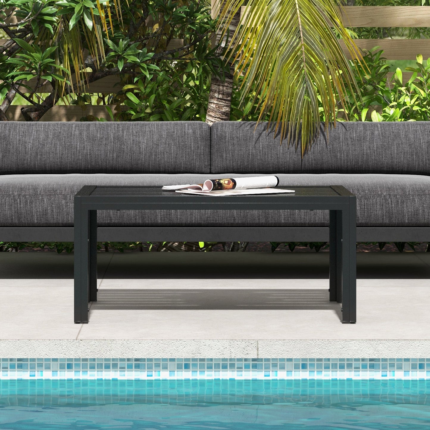 Patio Coffee Table, Rectangle Outdoor Side Table with Steel Frame and Slat Tabletop for Garden, Balcony, Backyard, Porch, Black