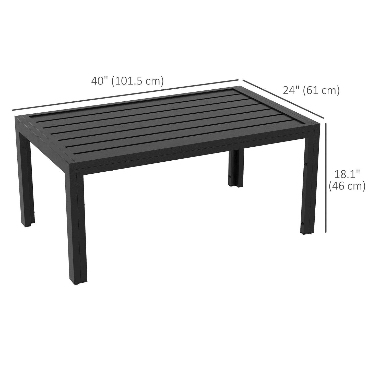 Patio Coffee Table, Rectangle Outdoor Side Table with Steel Frame and Slat Tabletop for Garden, Balcony, Backyard, Porch, Black