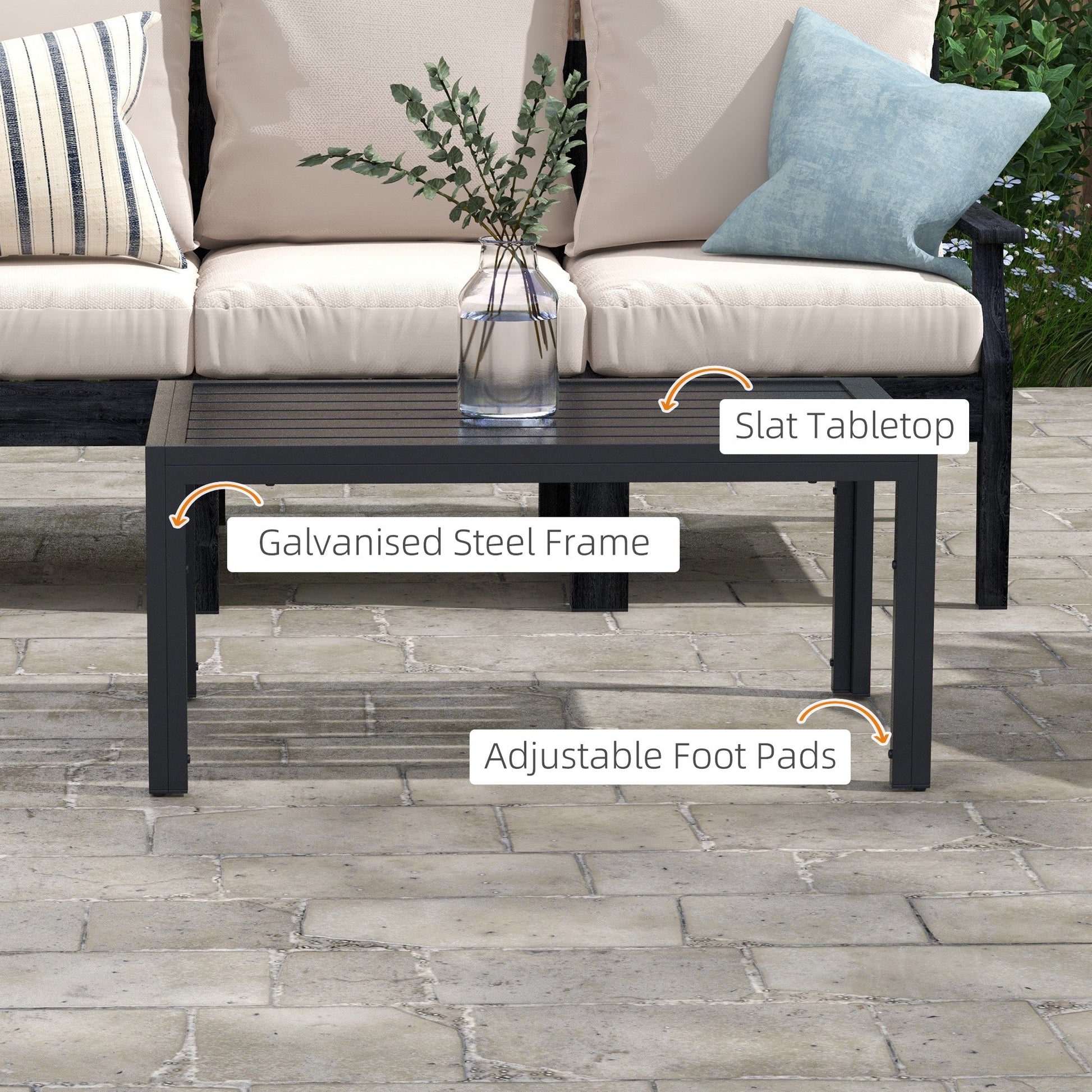 Patio Coffee Table, Rectangle Outdoor Side Table with Steel Frame and Slat Tabletop for Garden, Balcony, Backyard, Porch, Black