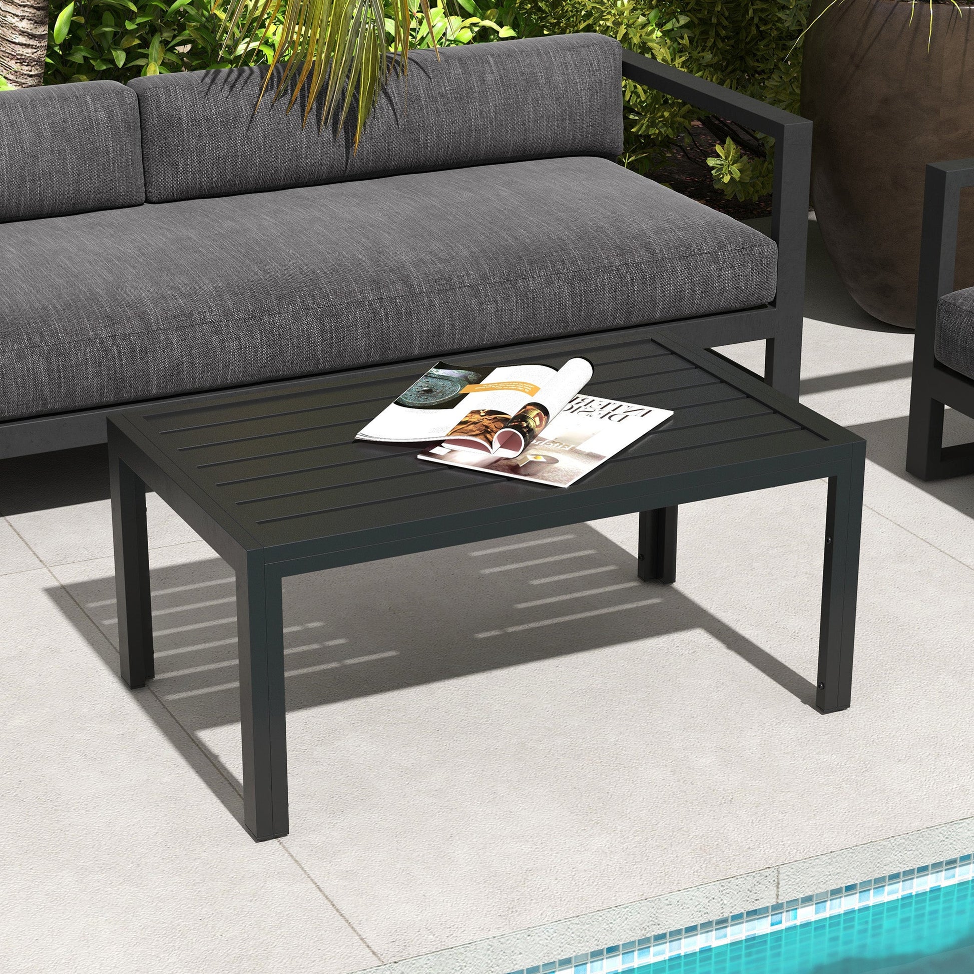Patio Coffee Table, Rectangle Outdoor Side Table with Steel Frame and Slat Tabletop for Garden, Balcony, Backyard, Porch, Black