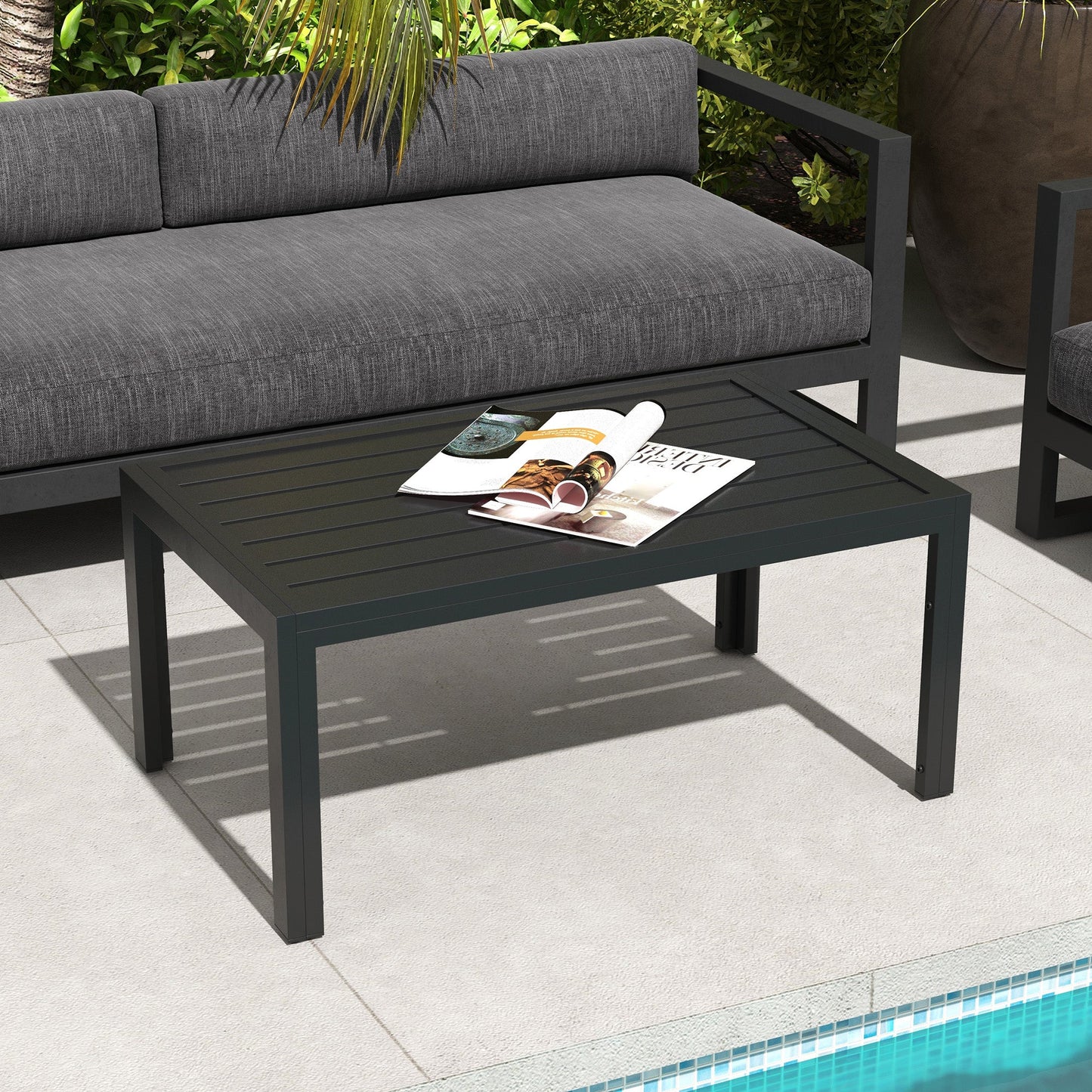 Patio Coffee Table, Rectangle Outdoor Side Table with Steel Frame and Slat Tabletop for Garden, Balcony, Backyard, Porch, Black
