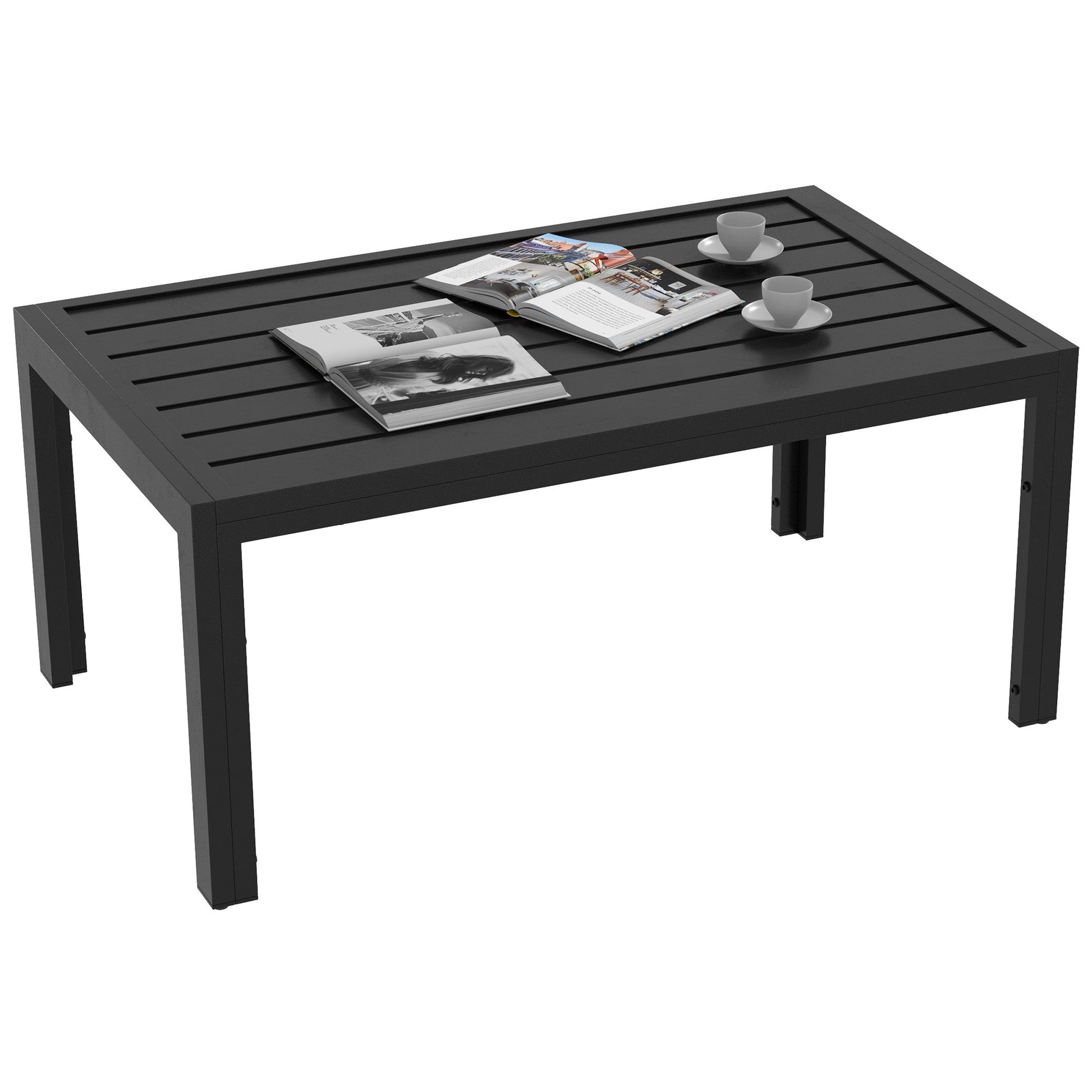 Patio Coffee Table, Rectangle Outdoor Side Table with Steel Frame and Slat Tabletop for Garden, Balcony, Backyard, Porch, Black