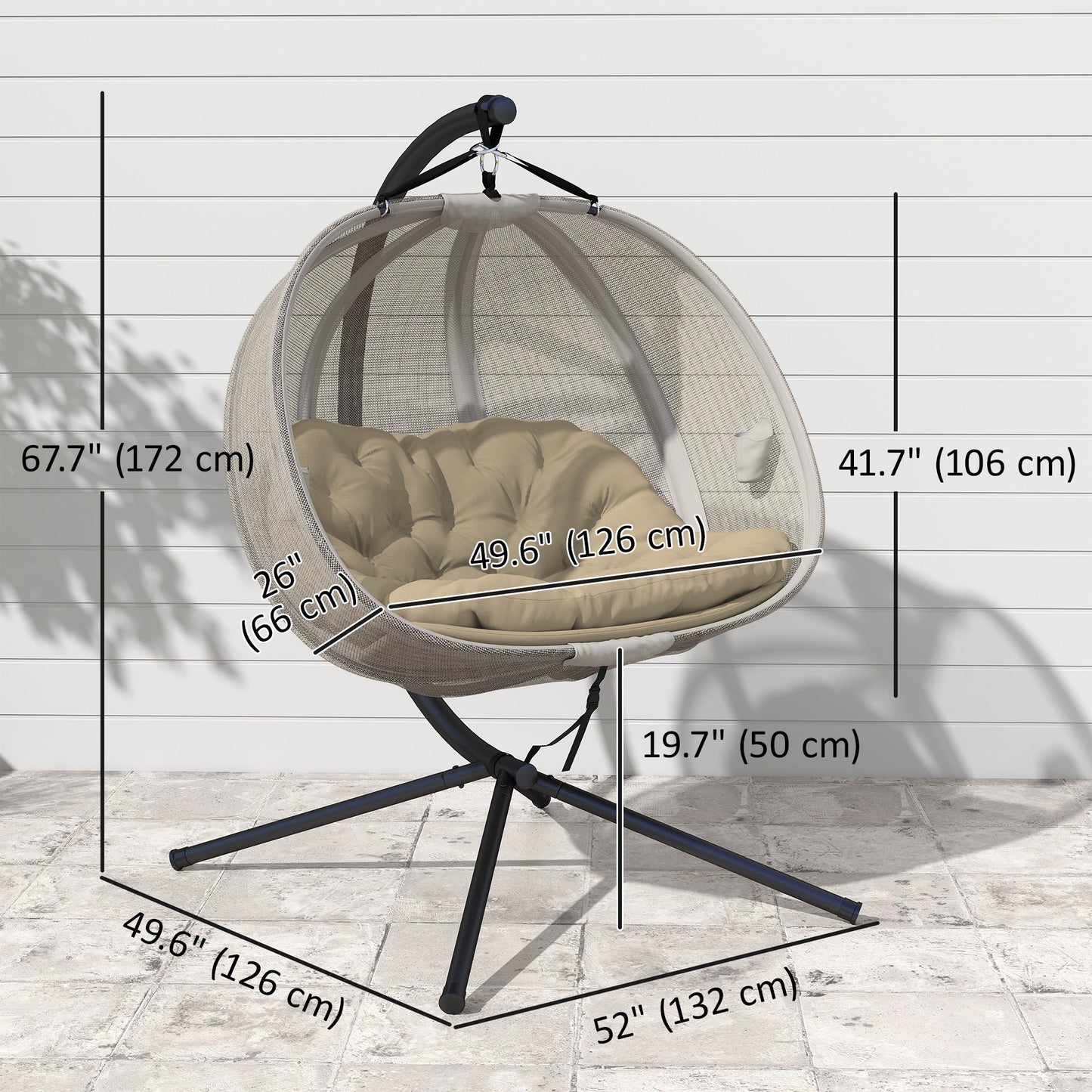 Double Egg Chair with Stand, 2 Person Hanging Swing Egg Chair Outdoor Indoor, 528 LBS Capacity Loveseat Hammock Swing with Cushion, Pockets, Khaki