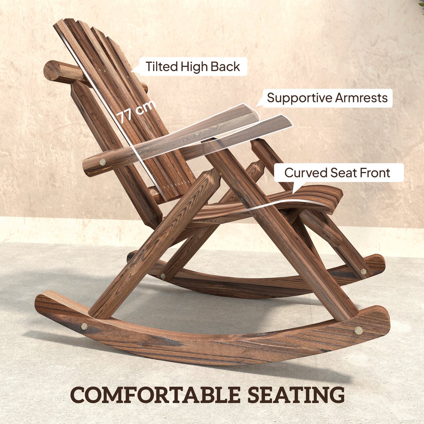 Outdoor Rocking Chair, Wooden Adirondack Outdoor Rocker with High Back and Slatted Seat, Oversized Rustic Patio Rocking Chair for Garden, Porch, Yard, Balcony, Carbonized
