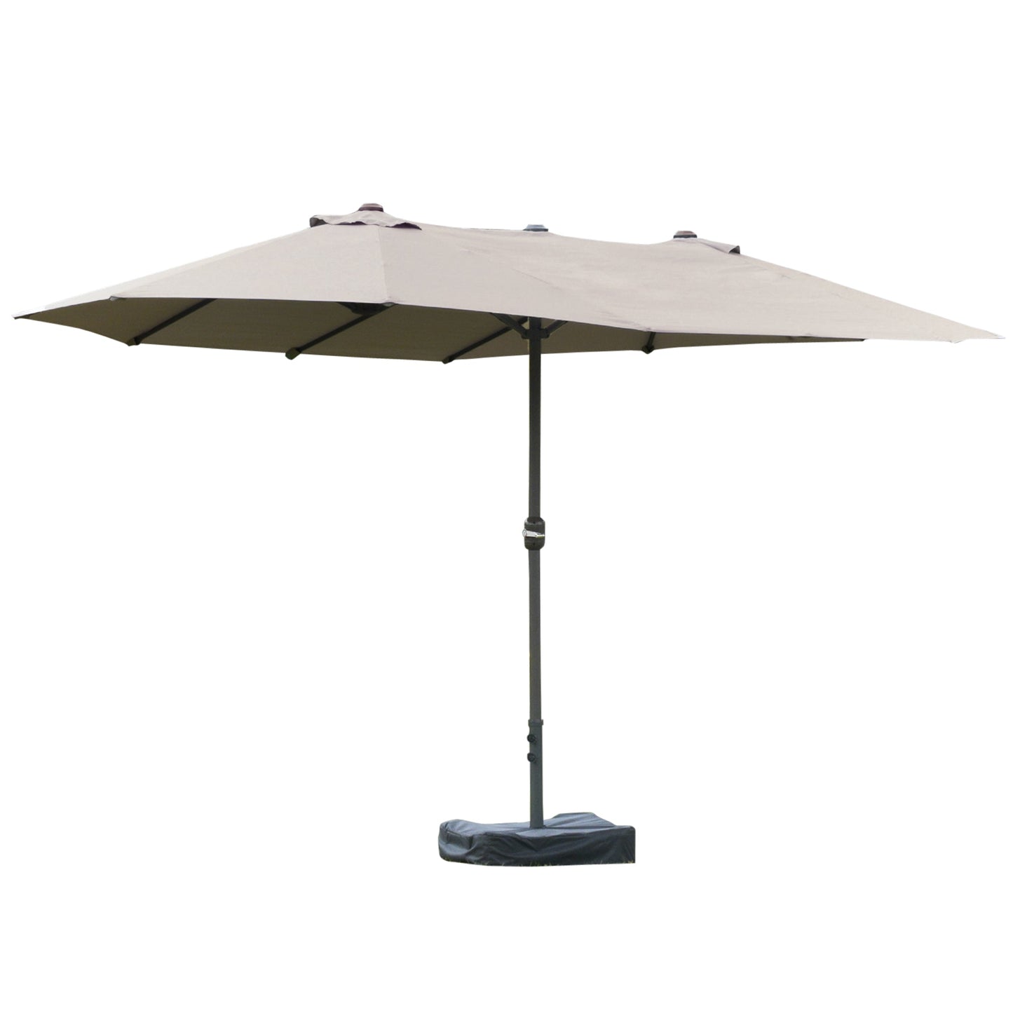 15' Outdoor Patio Umbrella with Twin Canopy Sunshade Steel Table Umbrella with Lift Crank, Cross base, Sandbag, Light Grey
