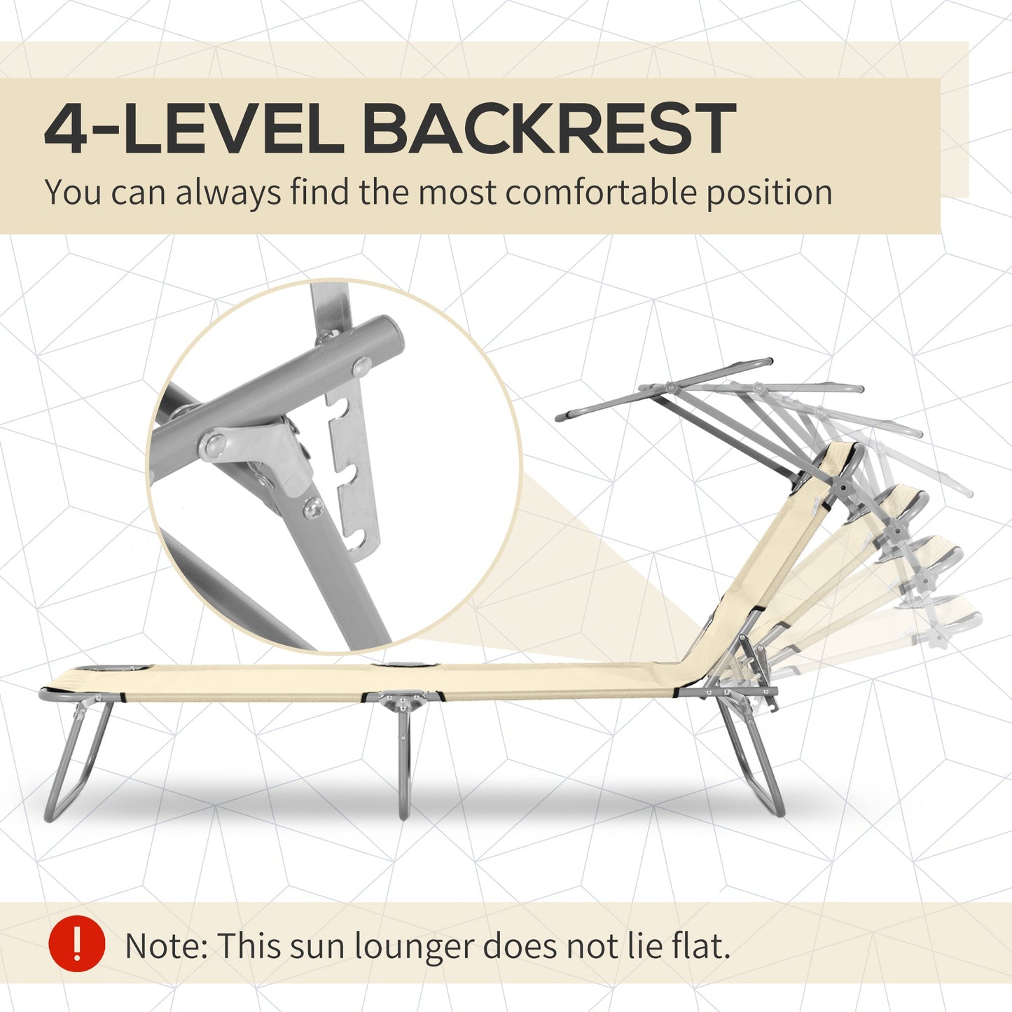 Outdoor Lounge Chair, Adjustable Folding Chaise Lounge, Tanning Chair with Sun Shade for Beach, Camping, Hiking, Backyard, Beige
