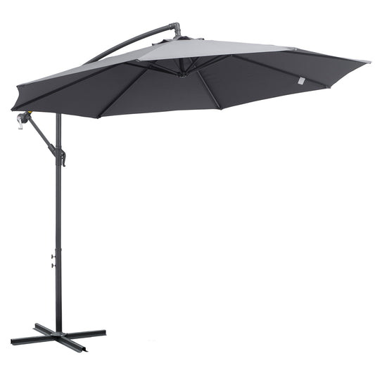 10ft Offset Patio Umbrella with Base, Garden Hanging Parasol with Crank, Banana Cantilever Umbrella Sun Shade, Grey