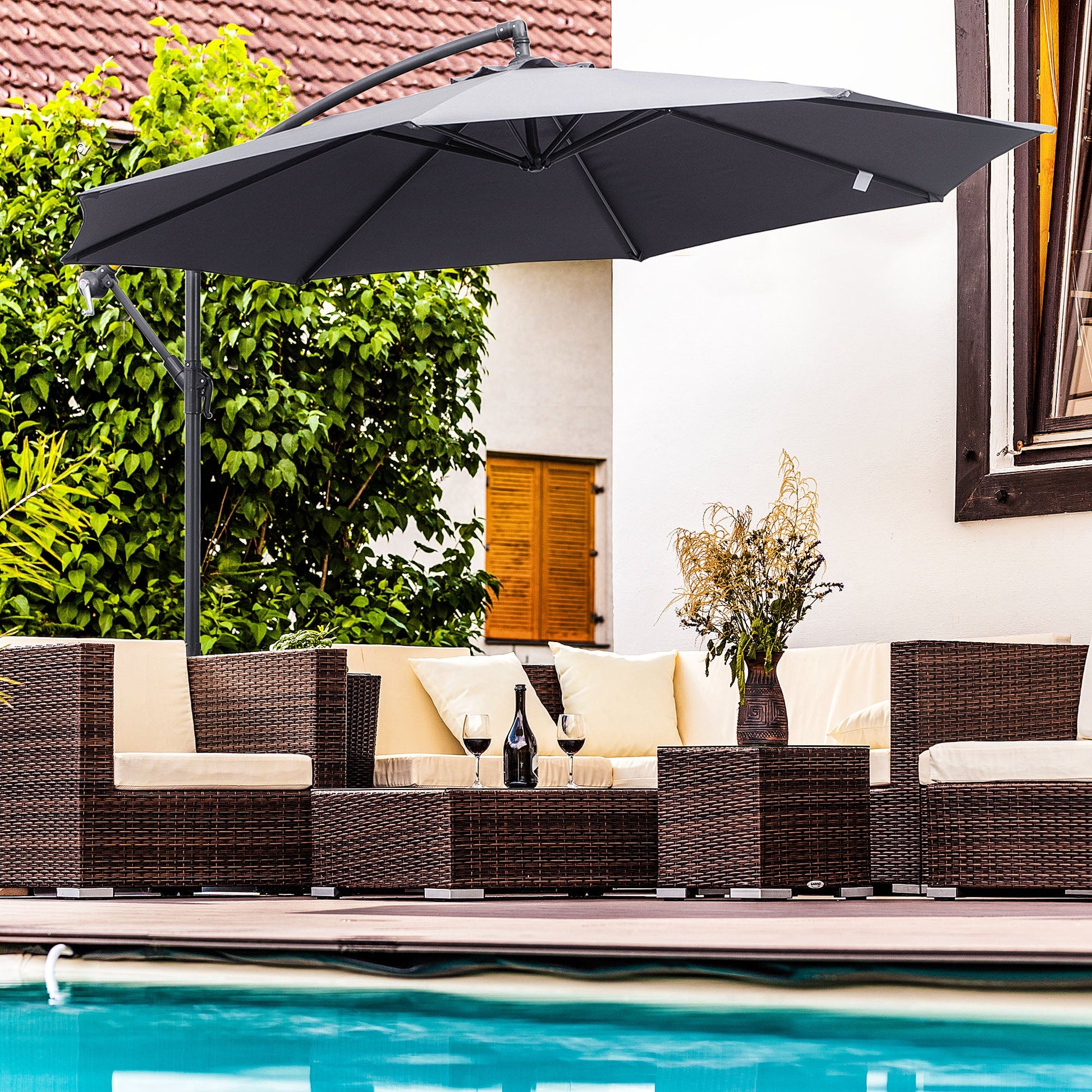 10ft Offset Patio Umbrella with Base, Garden Hanging Parasol with Crank, Banana Cantilever Umbrella Sun Shade, Grey