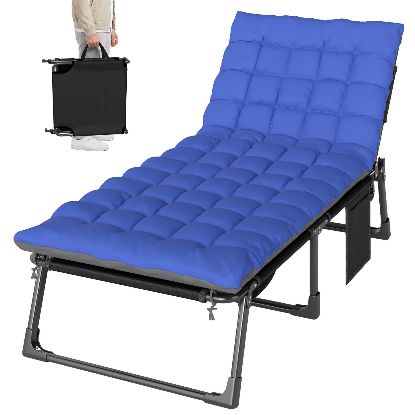 Lounge Chair Outdoor, 75 cm Wide Folding Chaise Lounge Tanning Chair, 5-Position Beach Patio Lounger Camping Cot Bed with Cushion, Side Pocket, Dark Grey/Blue
