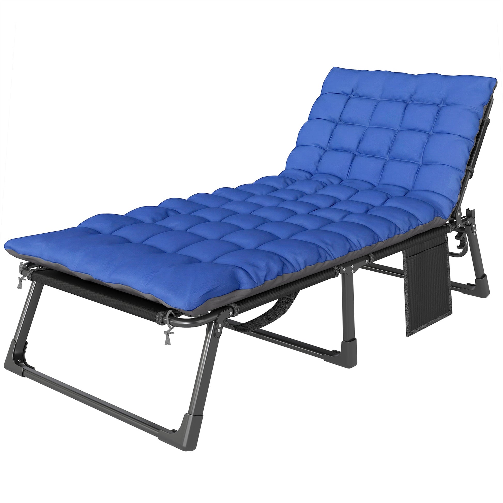 Lounge Chair Outdoor, 75 cm Wide Folding Chaise Lounge Tanning Chair, 5-Position Beach Patio Lounger Camping Cot Bed with Cushion, Side Pocket, Dark Grey/Blue