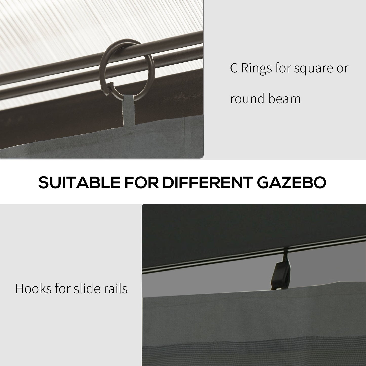 10' x 12' Universal Gazebo Sidewall Set with 4 Panels, Hooks/C-Rings Included for Pergolas & Cabanas, Grey
