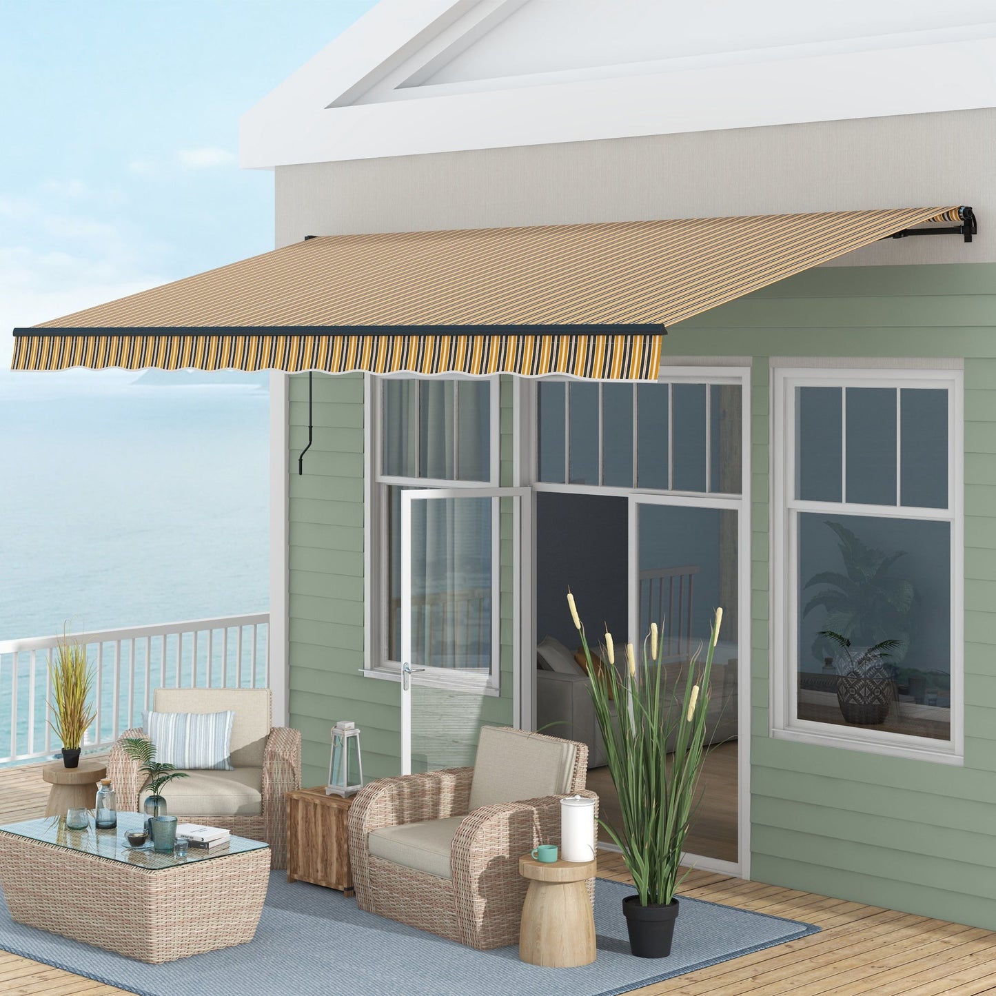  15' x 10' Retractable Awning, Patio Awning Sunshade Shelter with Manual Crank Handle, 280gsm UV Resistant Fabric and Aluminum Frame, for Balcony, Yard, Amber/Grey
