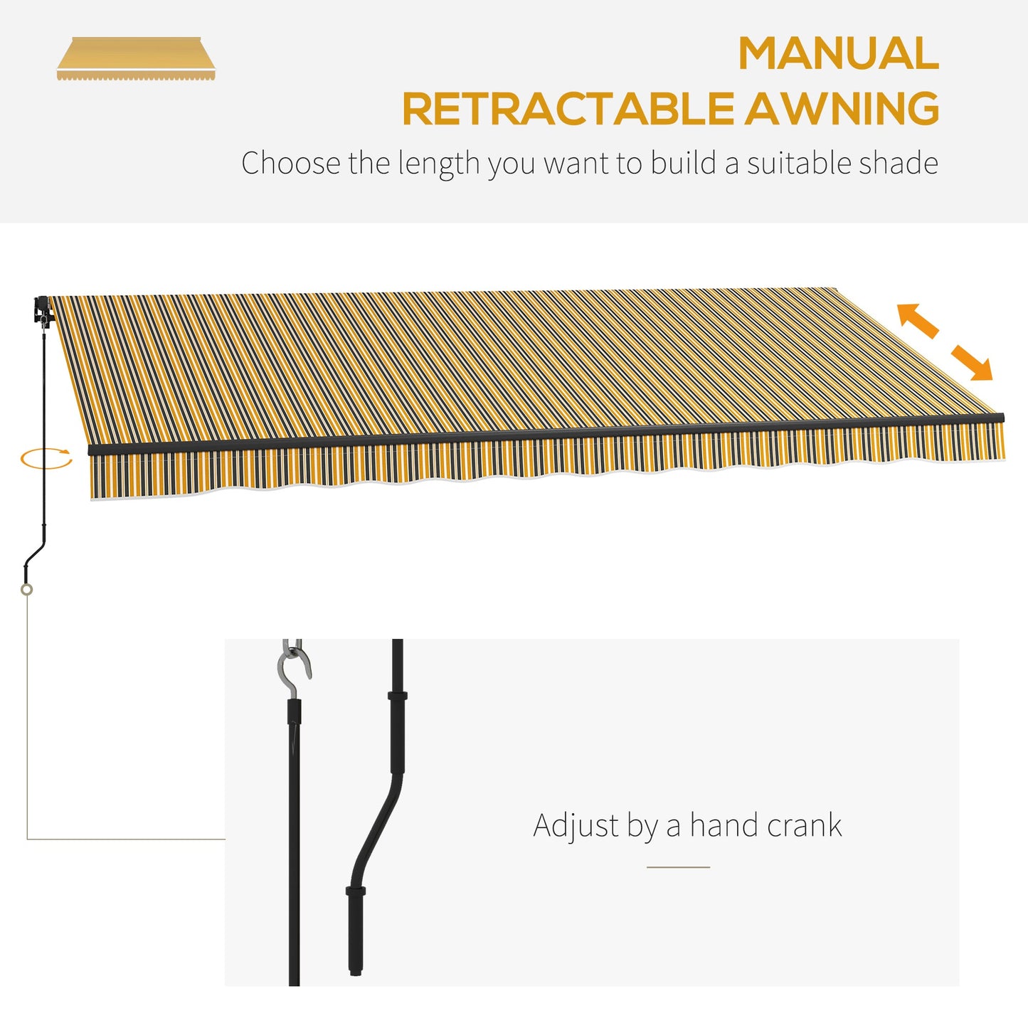  15' x 10' Retractable Awning, Patio Awning Sunshade Shelter with Manual Crank Handle, 280gsm UV Resistant Fabric and Aluminum Frame, for Balcony, Yard, Amber/Grey