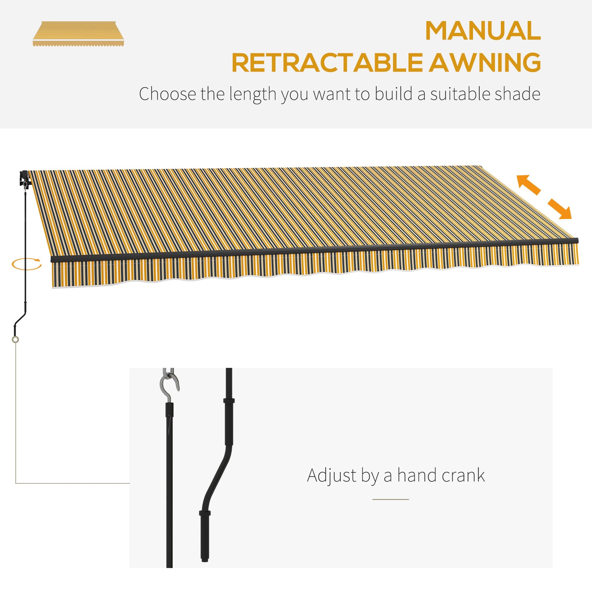  15' x 10' Retractable Awning, Patio Awning Sunshade Shelter with Manual Crank Handle, 280gsm UV Resistant Fabric and Aluminum Frame, for Balcony, Yard, Amber/Grey