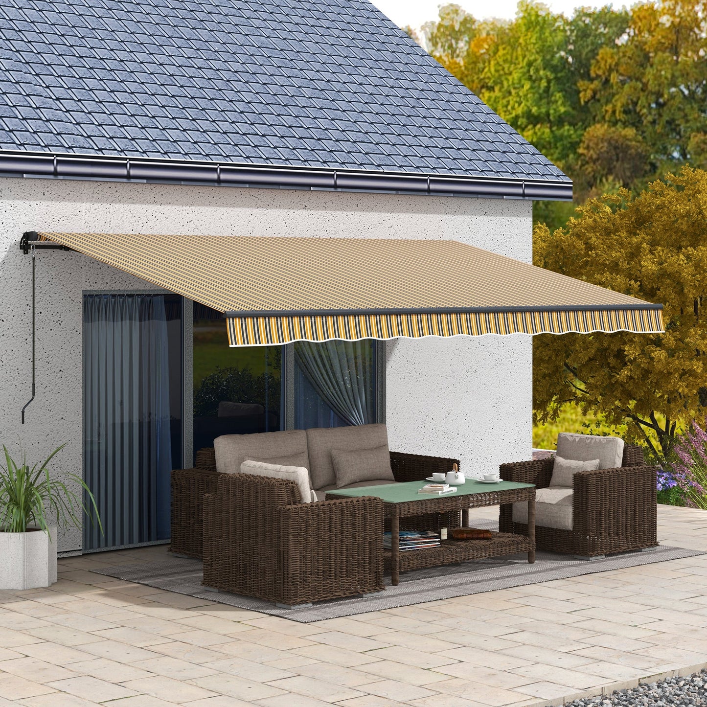 15' x 10' Retractable Awning, Patio Awning Sunshade Shelter with Manual Crank Handle, 280gsm UV Resistant Fabric and Aluminum Frame, for Balcony, Yard, Amber/Grey