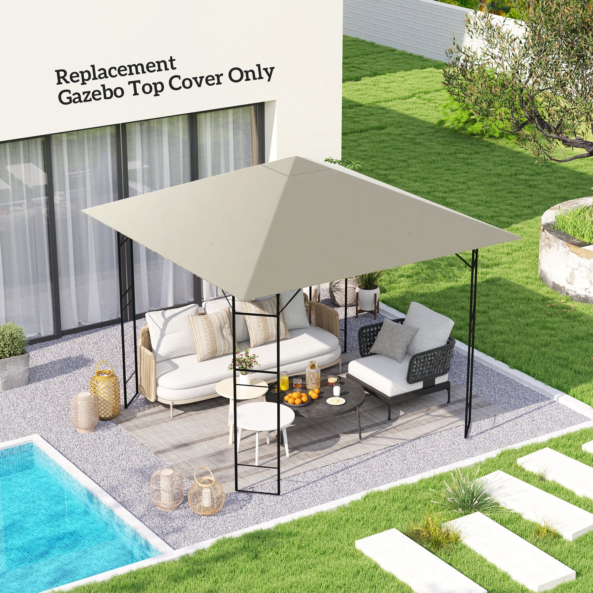 10' x 10' Gazebo Replacement Canopy Cover, Outdoor Gazebo Roof Replacement with Drain Holes, Water Resistant Plastic Coating, 370g/㎡, UPF30+, TOP COVER ONLY, Grey