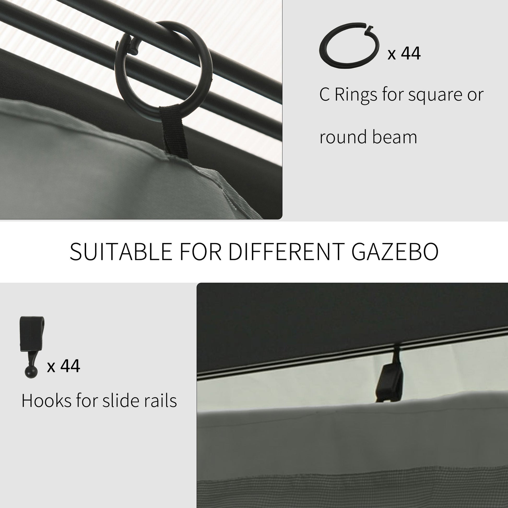10' x 12' Universal Gazebo Sidewall Set with 4 Panels, Hooks/C-Rings Included for Pergolas & Cabanas, Dark Grey