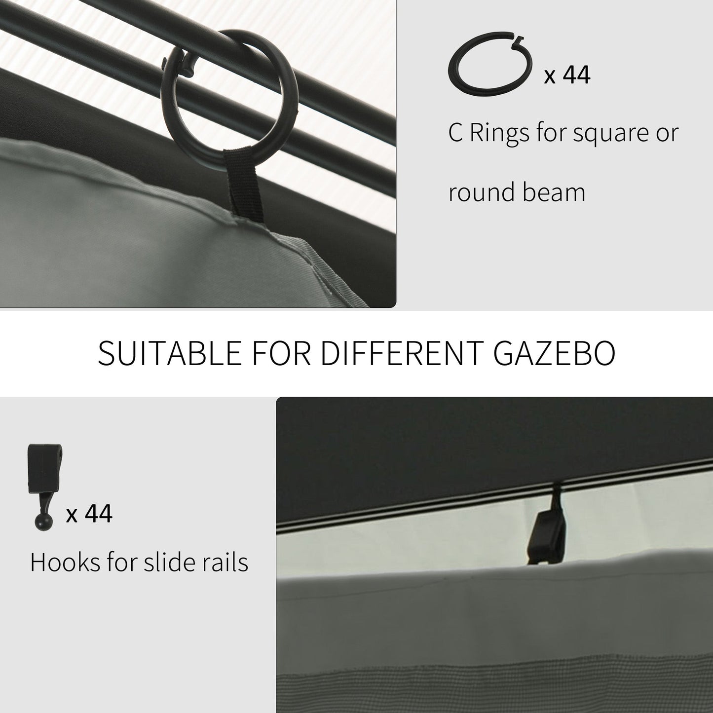 10' x 12' Universal Gazebo Sidewall Set with 4 Panels, Hooks/C-Rings Included for Pergolas & Cabanas, Dark Grey