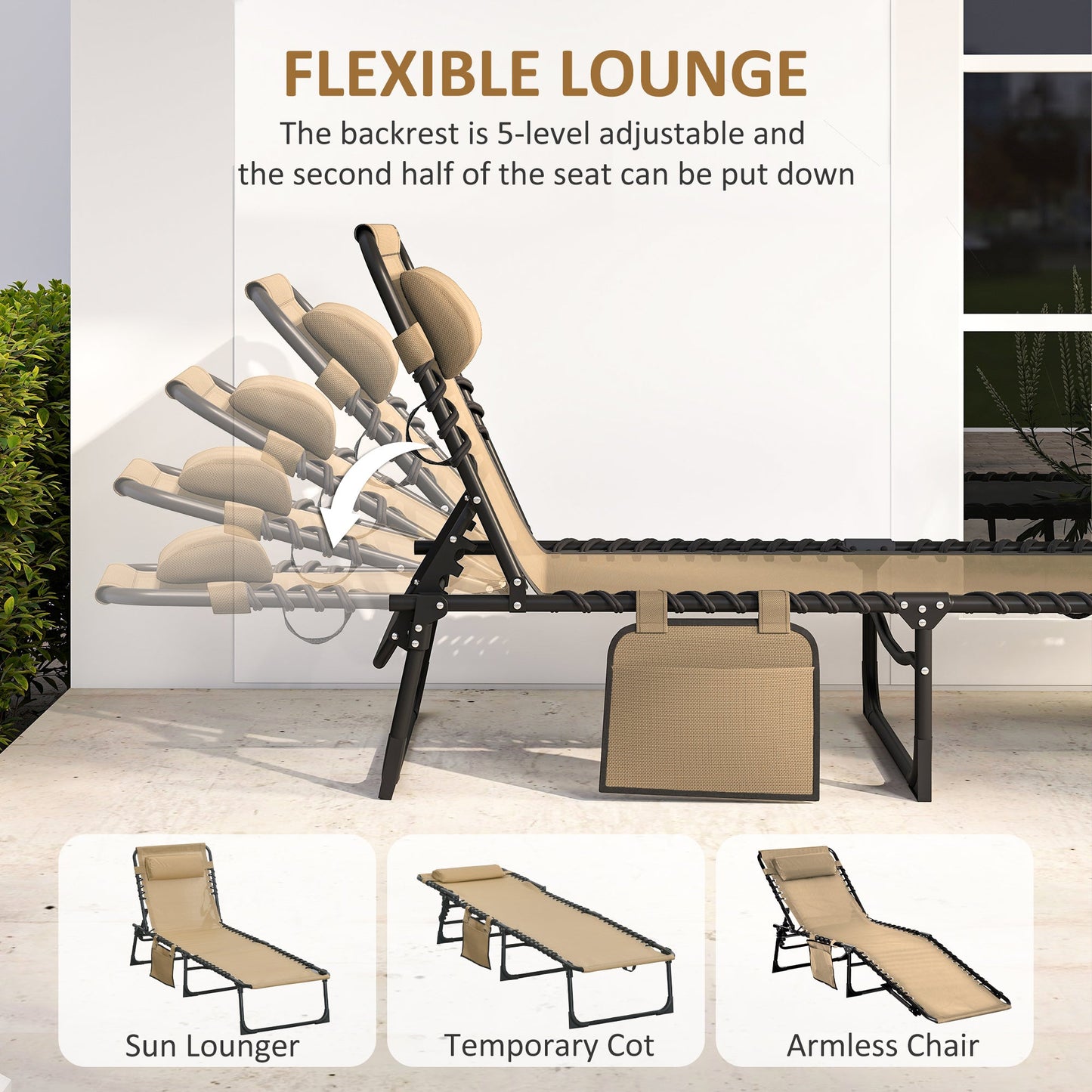 Folding Lounge Chair, Reclining Tanning Chair, Portable Sun Lounger with Adjustable Backrest and Removable Pillow for Patio, Garden, Beach, Beige