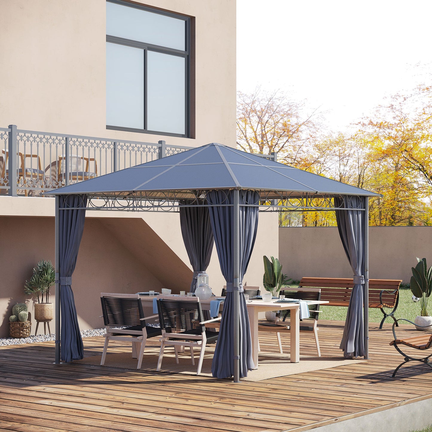 10' x 10' Polycarbonate Hardtop Gazebo Canopy, Outdoor Patio Gazebo with Aluminum Frame & Curtains, Dark Grey