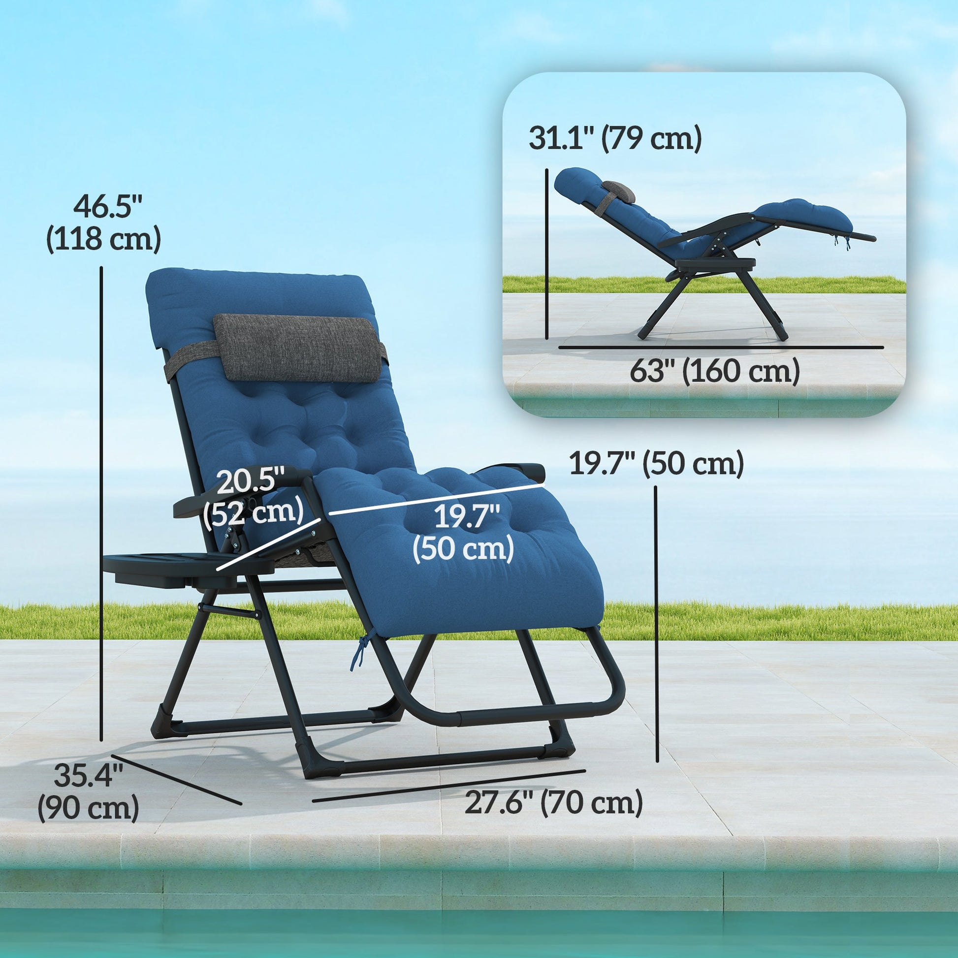 Padded Zero Gravity Chair, Folding Recliner Chair, Patio Lounger with Cup Holder, Headrest, Adjustable Backrest, Removable Cushion for Outdoor, Patio, Deck, Navy Blue